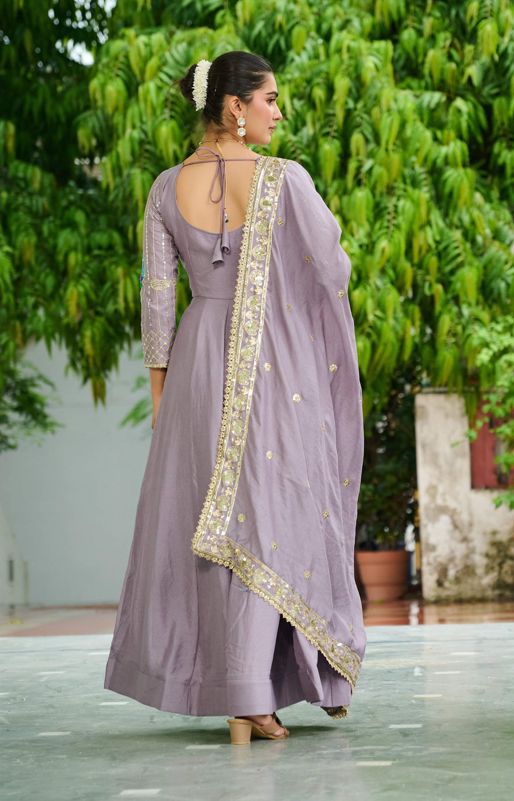 Vedant Vastram Vichitra Silk Embroidery & Sequence Work Stitched Ethnic Gown-Onion
