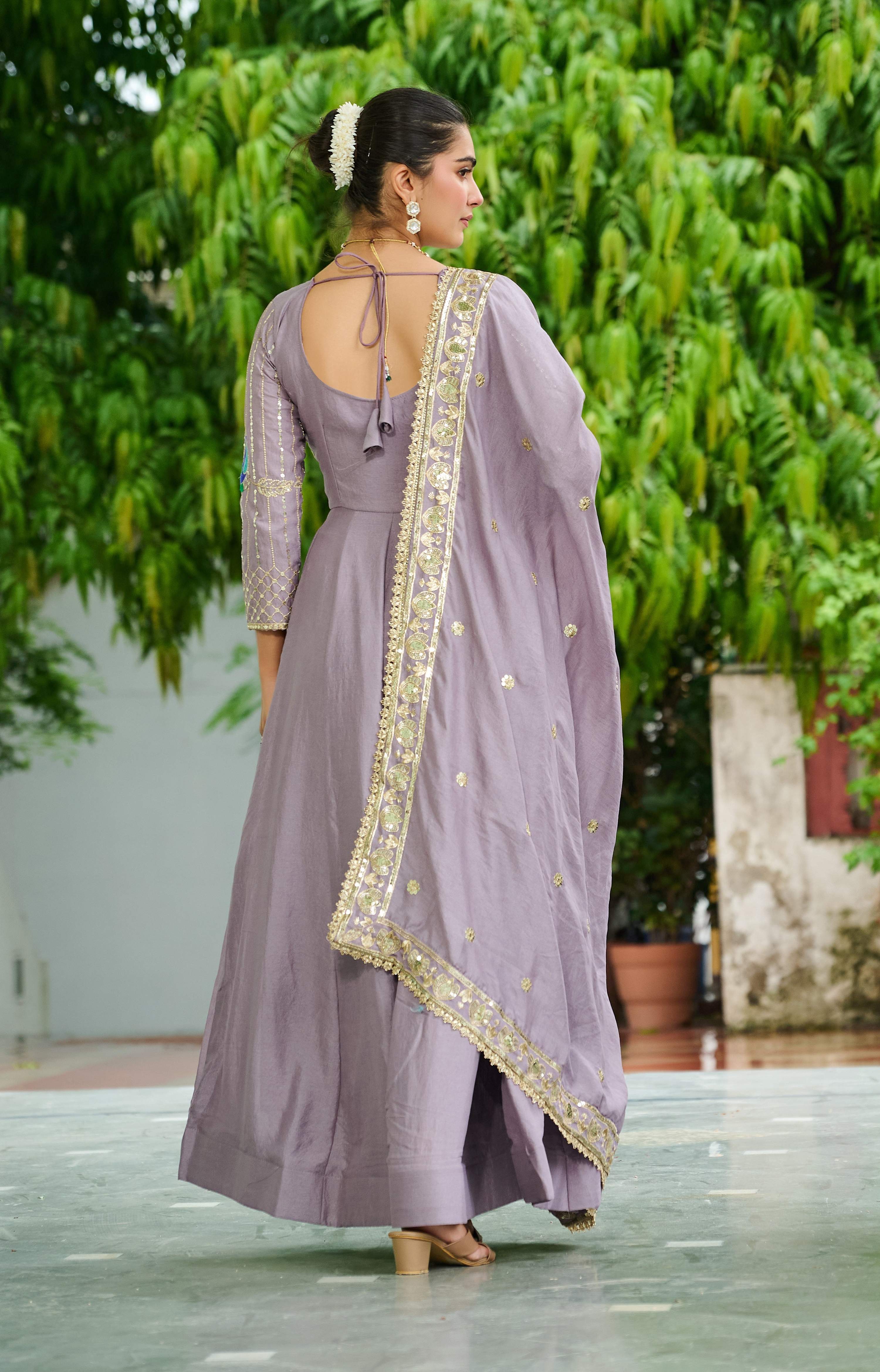 Vedant Vastram Vichitra Silk Embroidery & Sequence Work Stitched Ethnic Gown-Onion