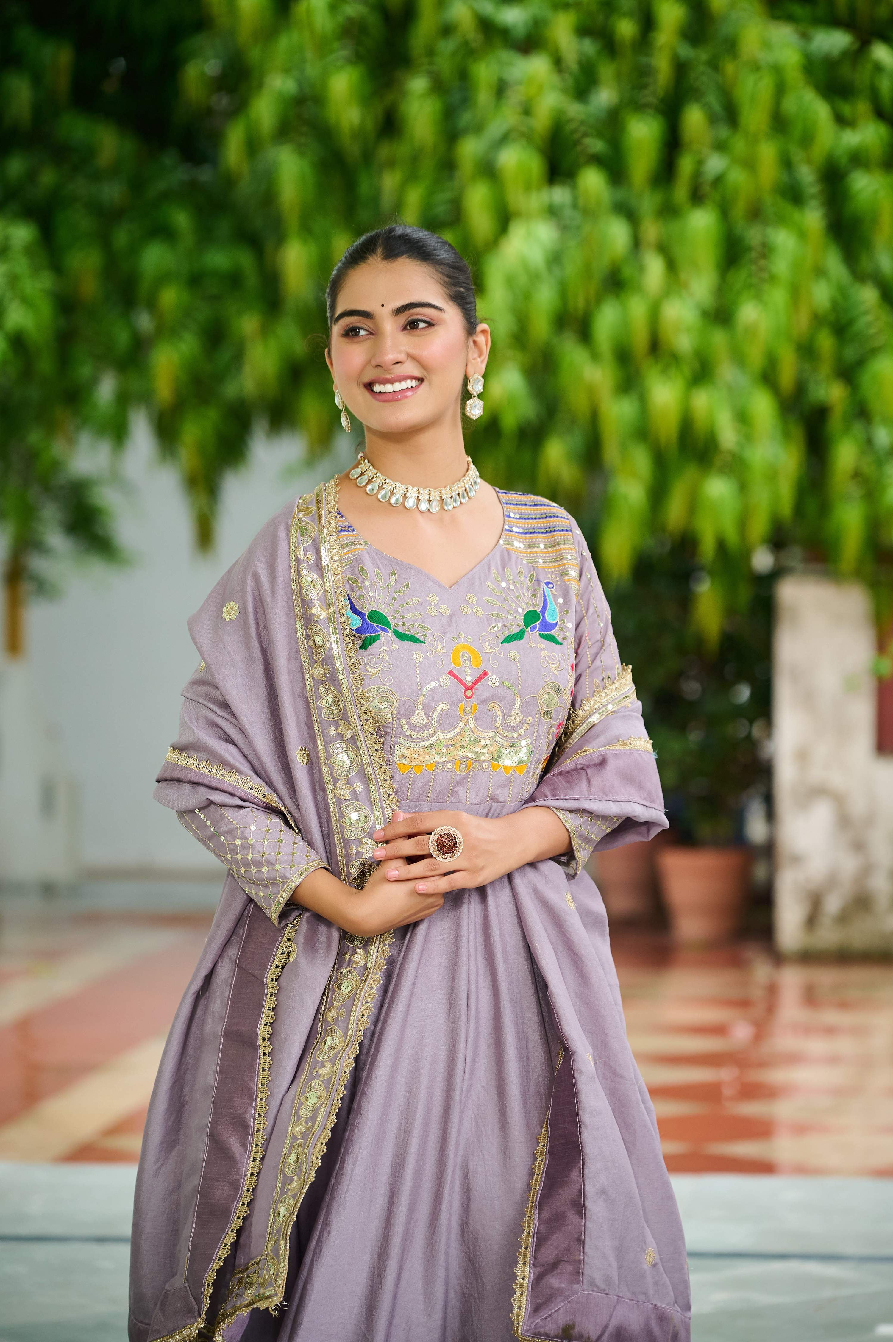 Vedant Vastram Vichitra Silk Embroidery & Sequence Work Stitched Ethnic Gown-Onion