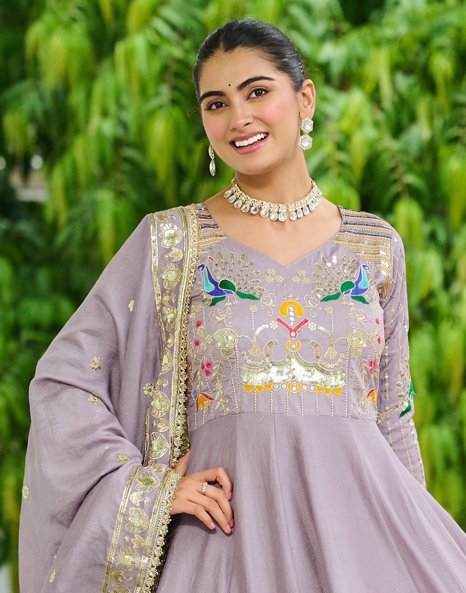 Vedant Vastram Vichitra Silk Embroidery & Sequence Work Stitched Ethnic Gown-Onion