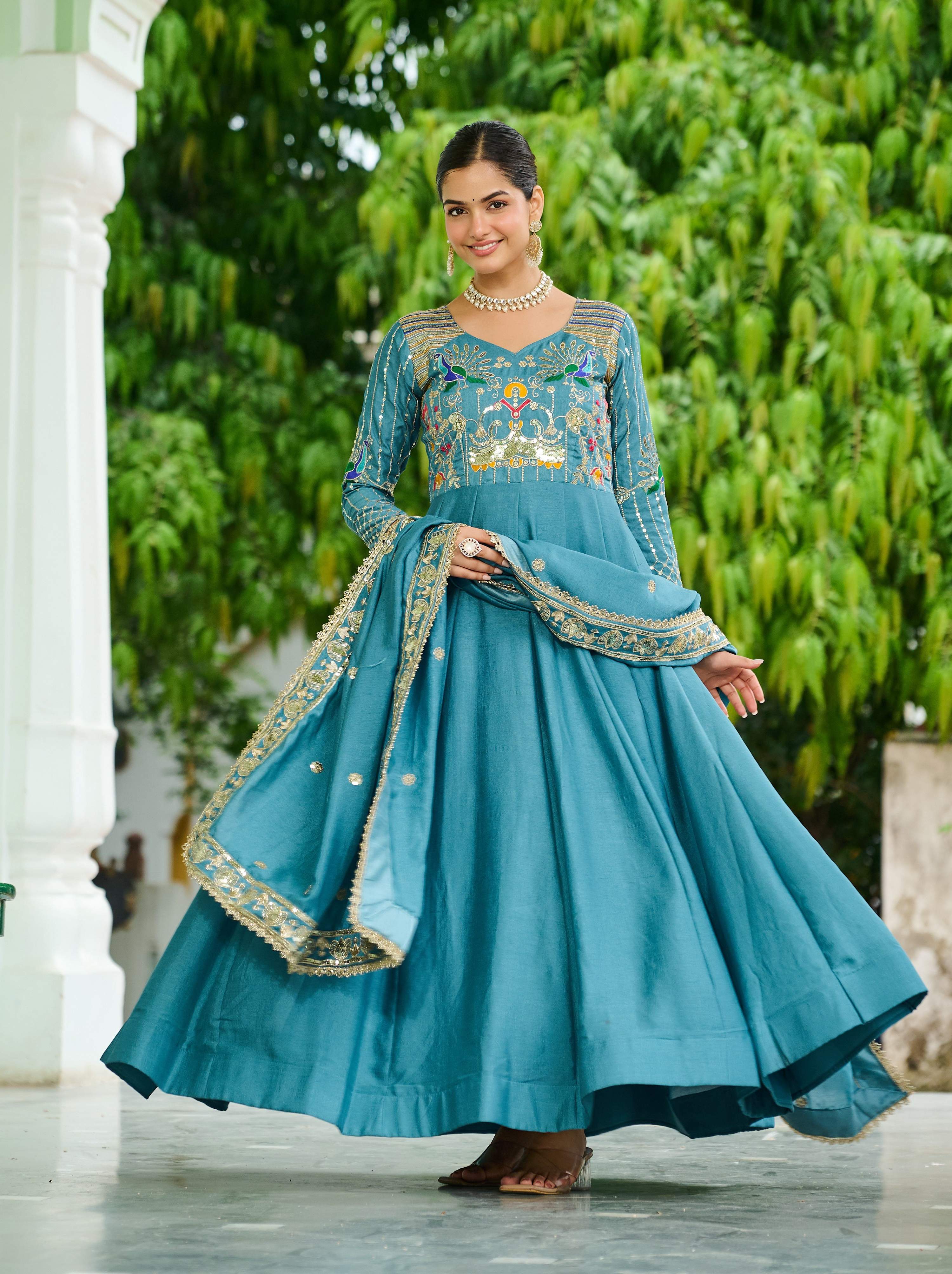 Vedant Vastram Vichitra Silk Embroidery & Sequence Work Stitched Ethnic Gown-Sky Blue
