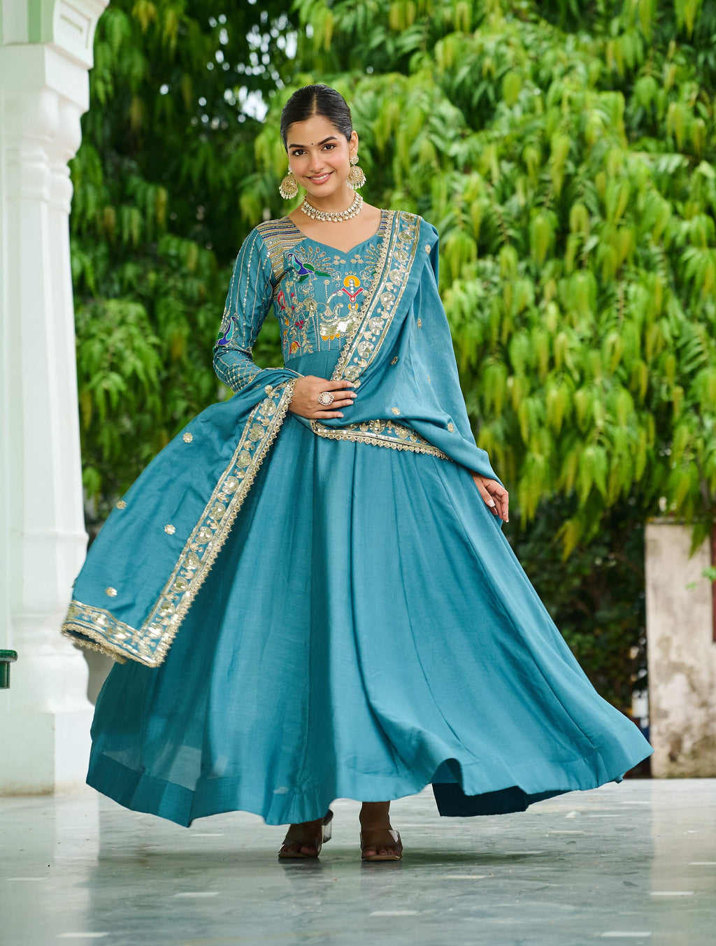 Vedant Vastram Vichitra Silk Embroidery & Sequence Work Stitched Ethnic Gown-Sky Blue