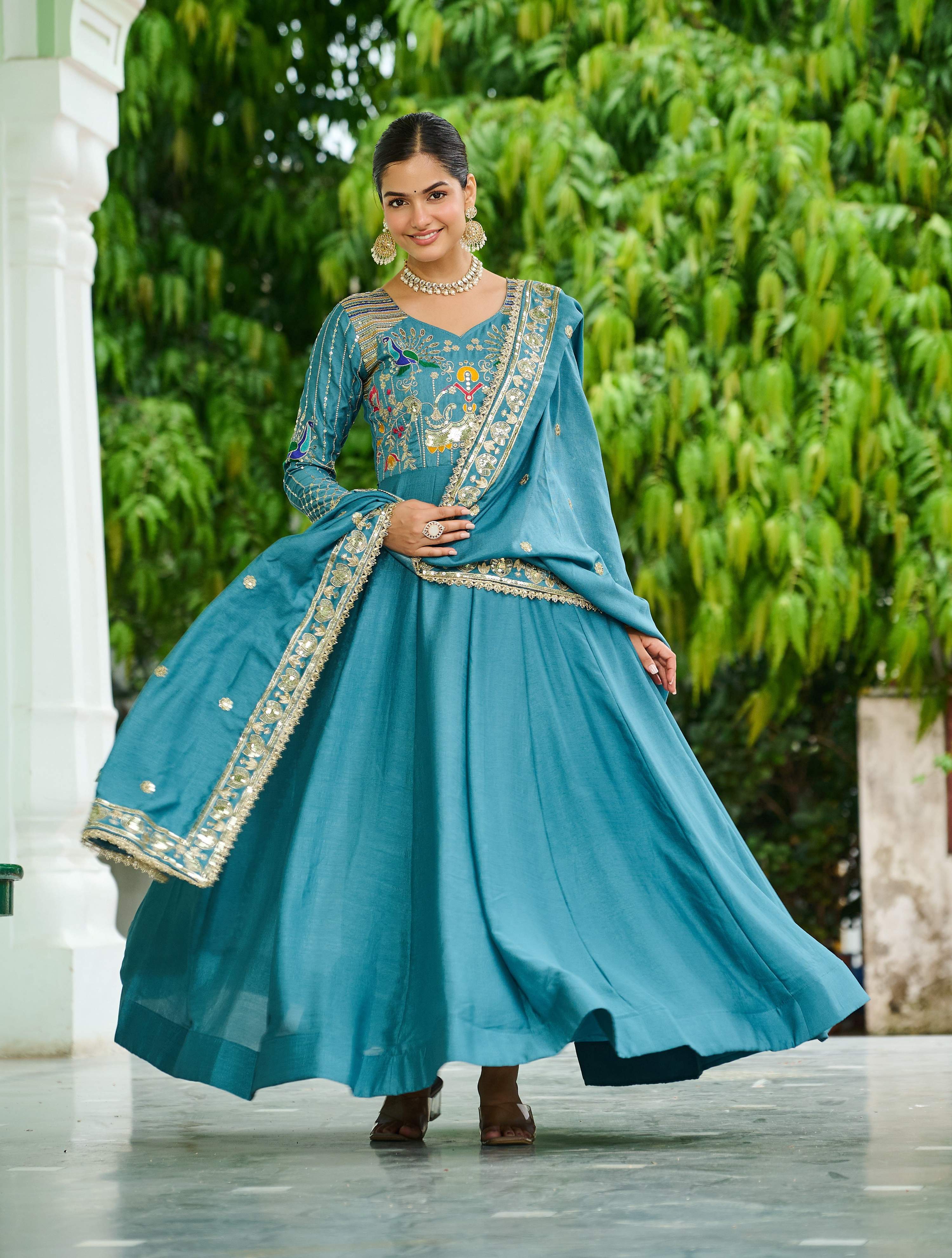 Vedant Vastram Vichitra Silk Embroidery & Sequence Work Stitched Ethnic Gown-Sky Blue