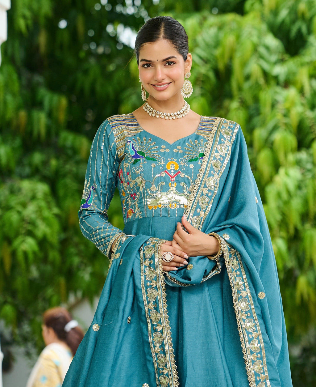 Vedant Vastram Vichitra Silk Embroidery & Sequence Work Stitched Ethnic Gown-Sky Blue