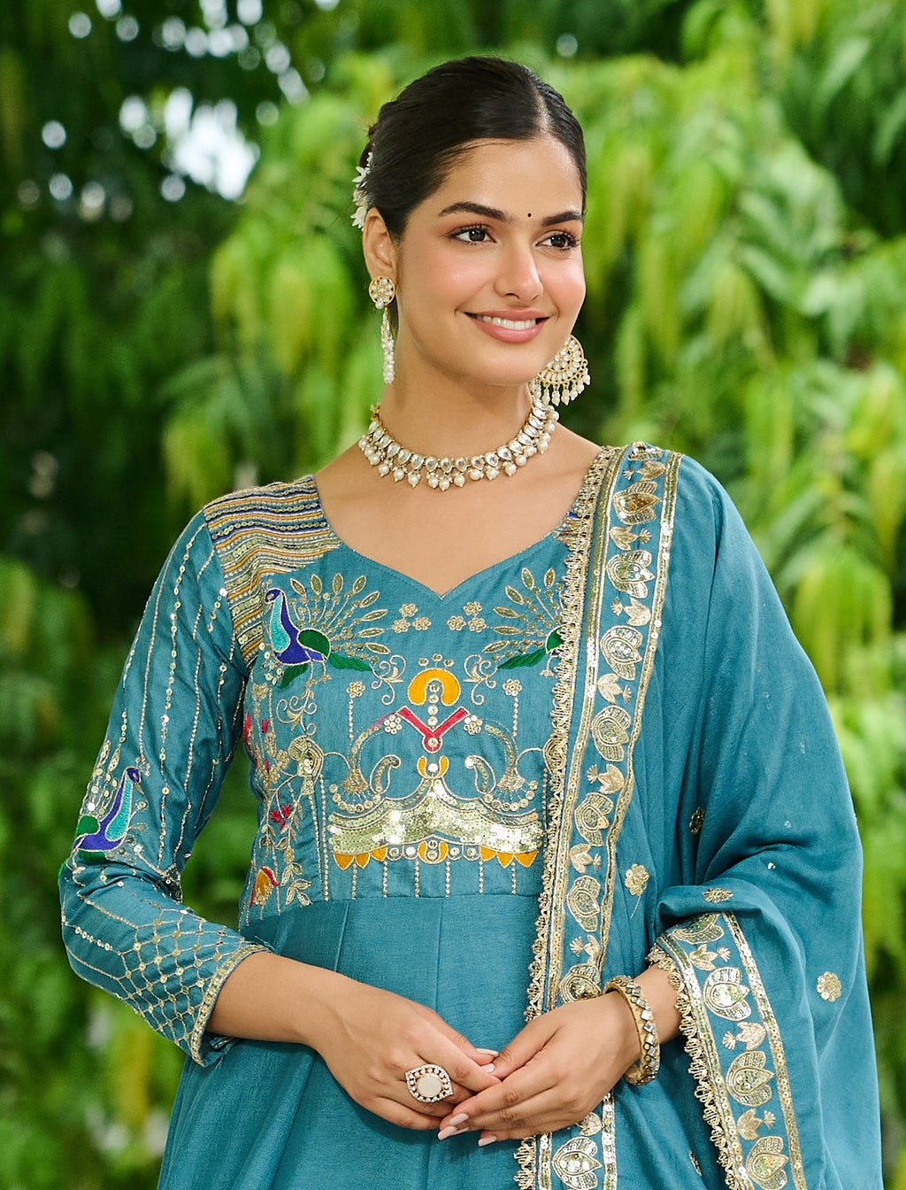 Vedant Vastram Vichitra Silk Embroidery & Sequence Work Stitched Ethnic Gown-Sky Blue