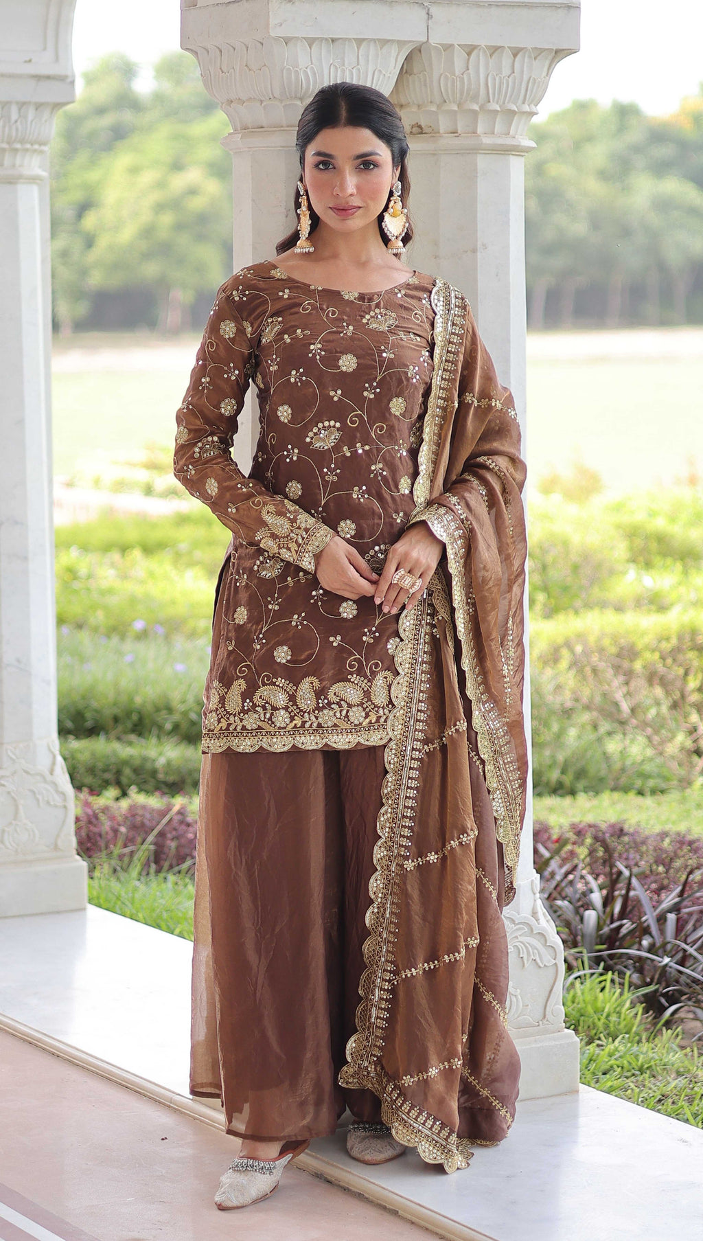 Vedant Vastram Russian Silk Embroidery & Sequence Work Stitched Ethnic Sharara Set-Coffee