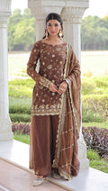 Vedant Vastram Russian Silk Embroidery & Sequence Work Stitched Ethnic Sharara Set-Coffee