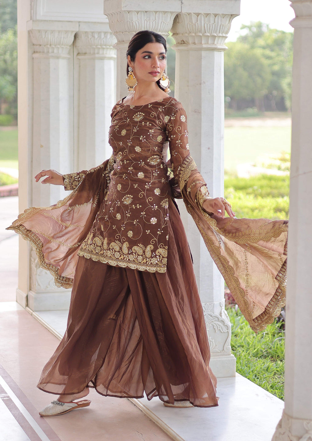 Vedant Vastram Russian Silk Embroidery & Sequence Work Stitched Ethnic Sharara Set-Coffee