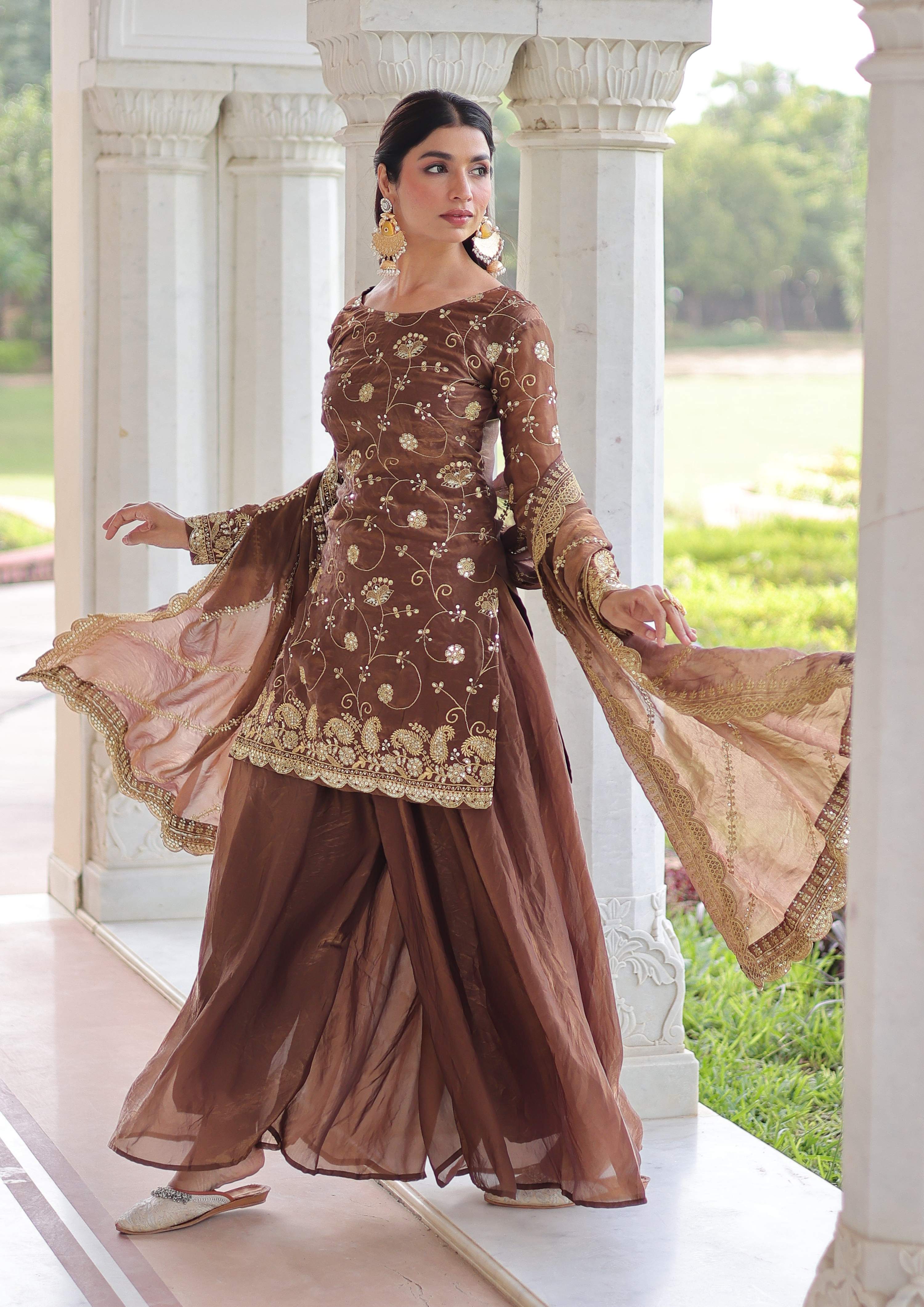 Vedant Vastram Russian Silk Embroidery & Sequence Work Stitched Ethnic Sharara Set-Coffee
