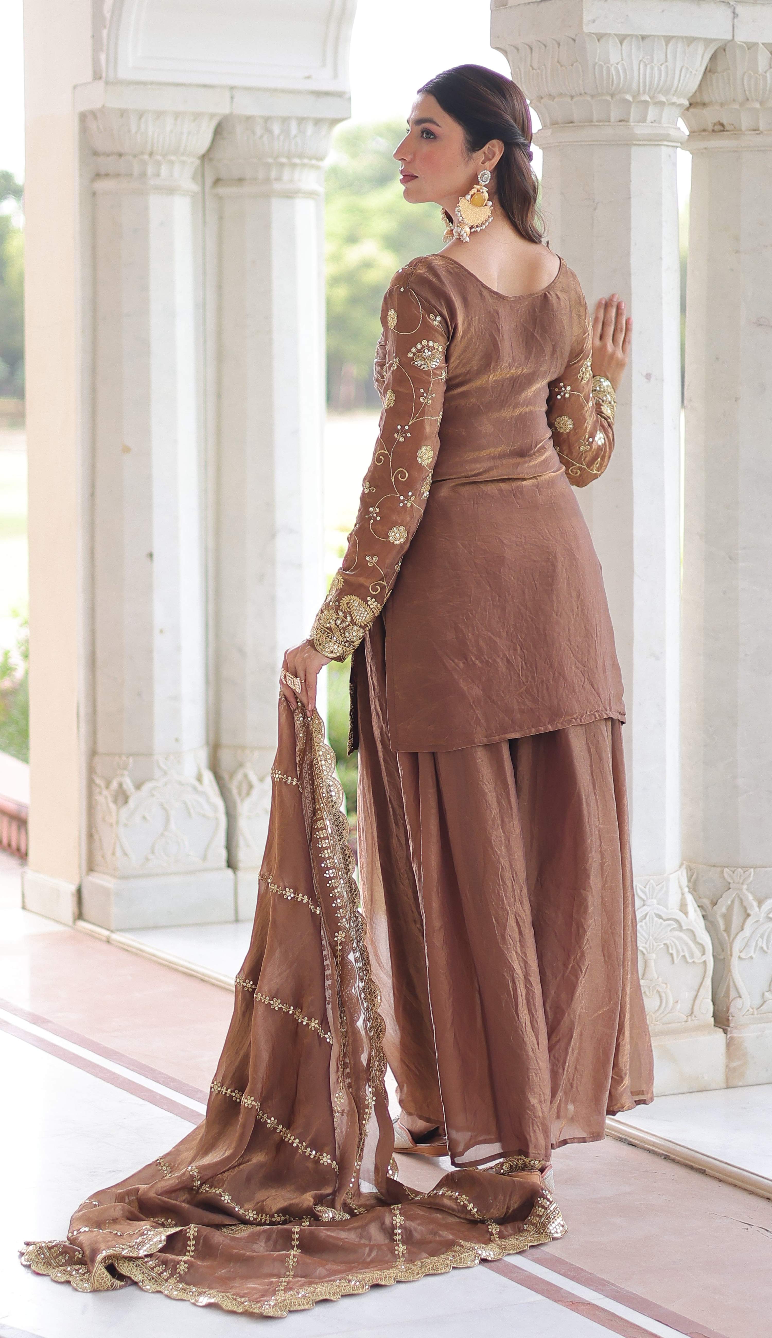 Vedant Vastram Russian Silk Embroidery & Sequence Work Stitched Ethnic Sharara Set-Coffee