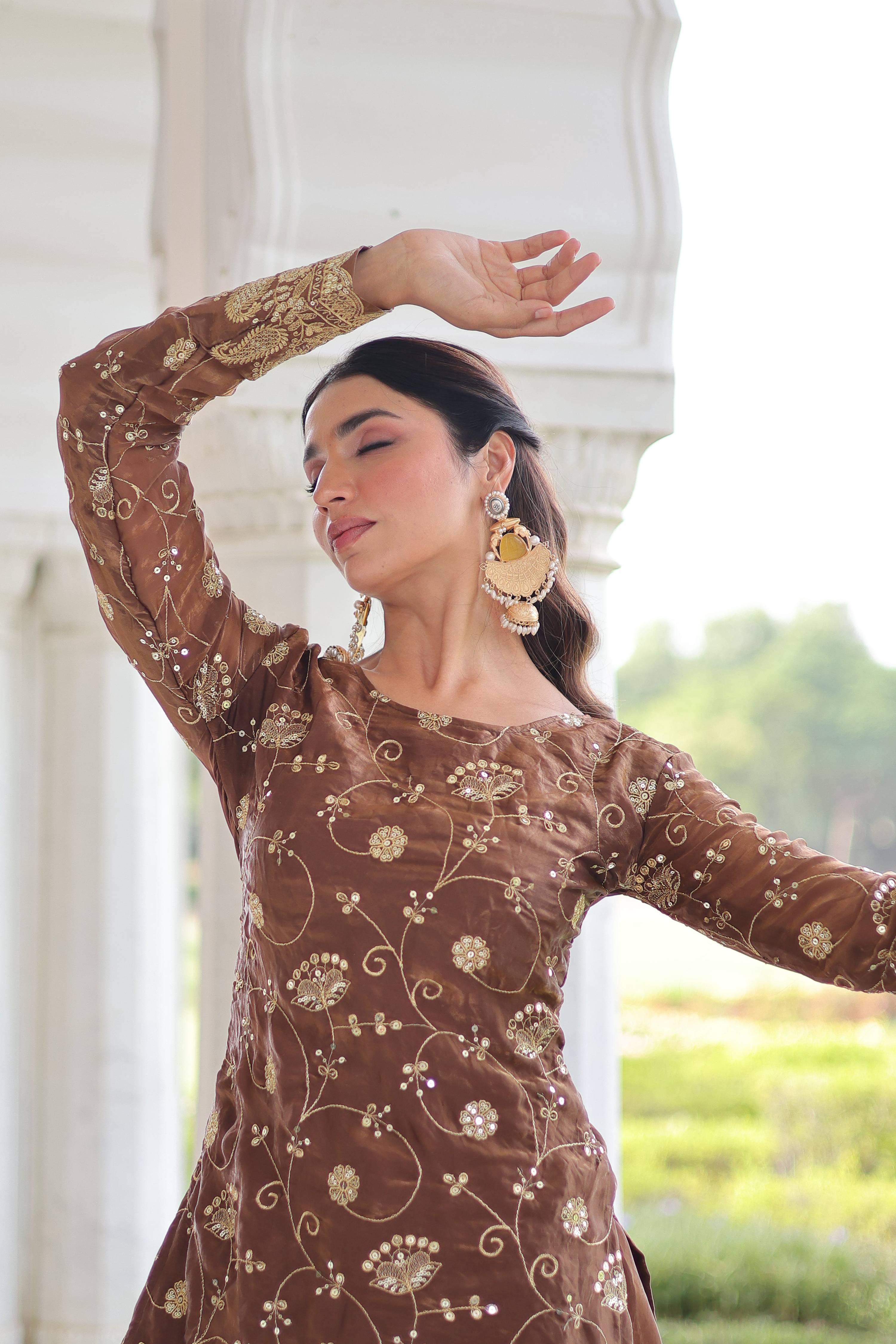 Vedant Vastram Russian Silk Embroidery & Sequence Work Stitched Ethnic Sharara Set-Coffee