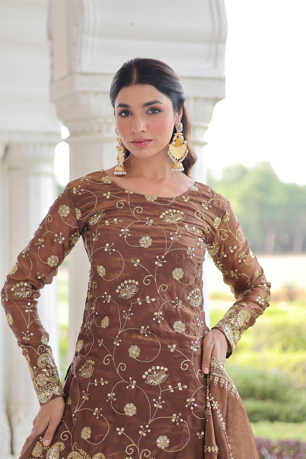 Vedant Vastram Russian Silk Embroidery & Sequence Work Stitched Ethnic Sharara Set-Coffee