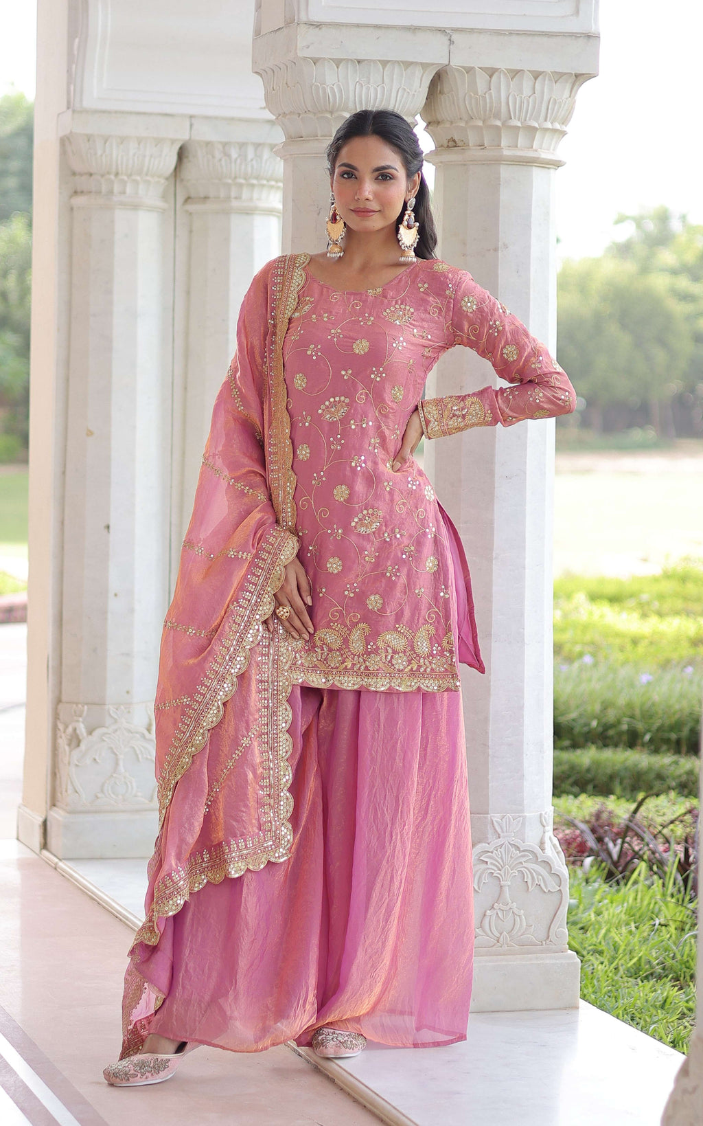 Vedant Vastram Russian Silk Embroidery & Sequence Work Stitched Ethnic Sharara Set-Pink