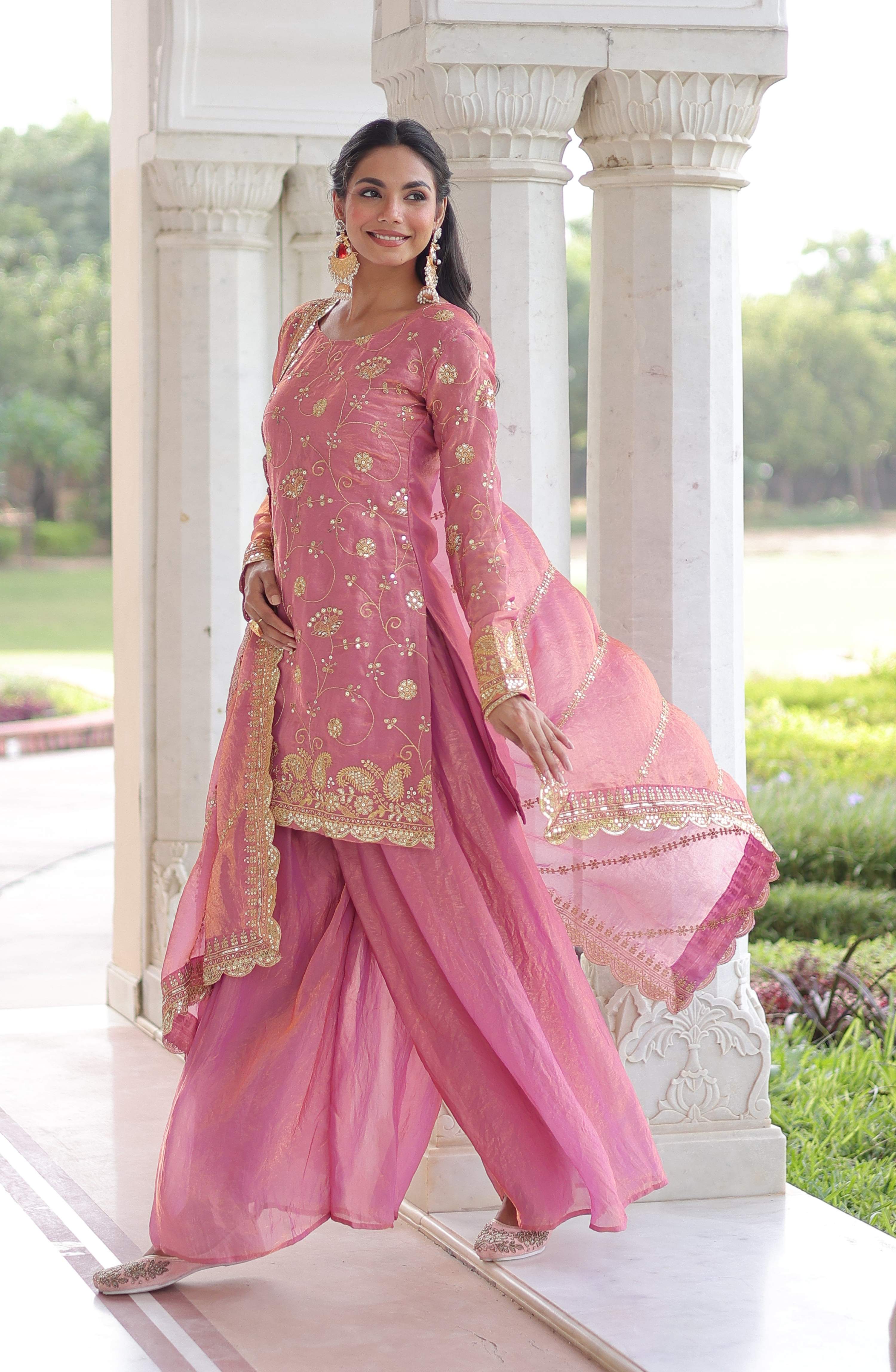Vedant Vastram Russian Silk Embroidery & Sequence Work Stitched Ethnic Sharara Set-Pink