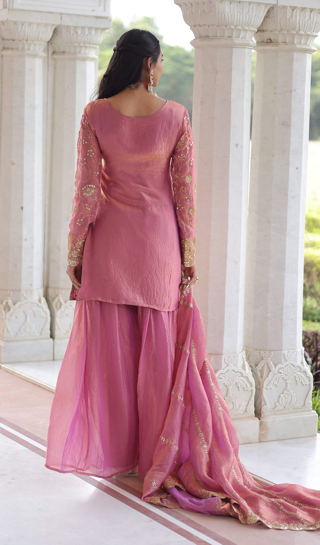 Vedant Vastram Russian Silk Embroidery & Sequence Work Stitched Ethnic Sharara Set-Pink
