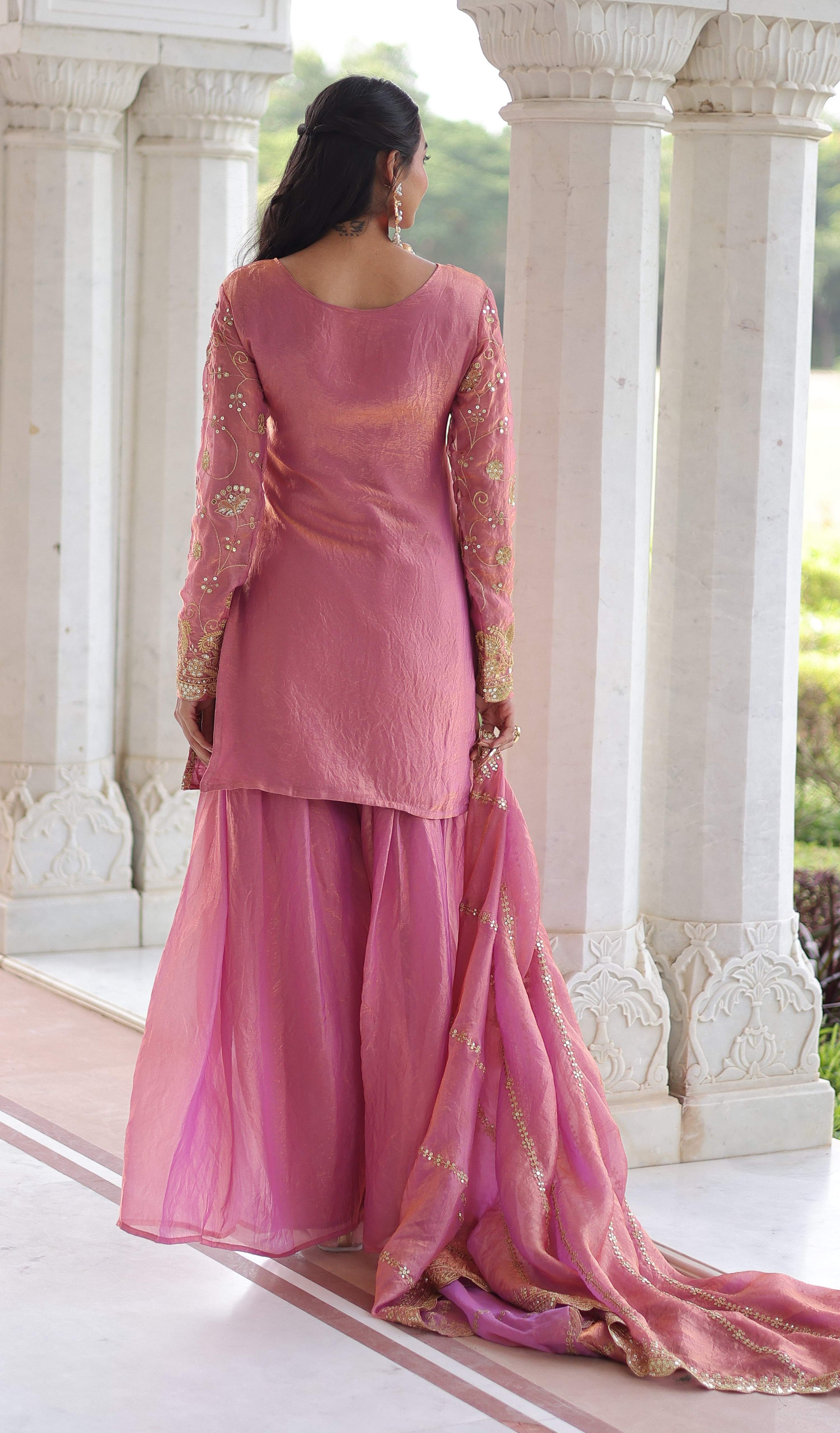 Vedant Vastram Russian Silk Embroidery & Sequence Work Stitched Ethnic Sharara Set-Pink