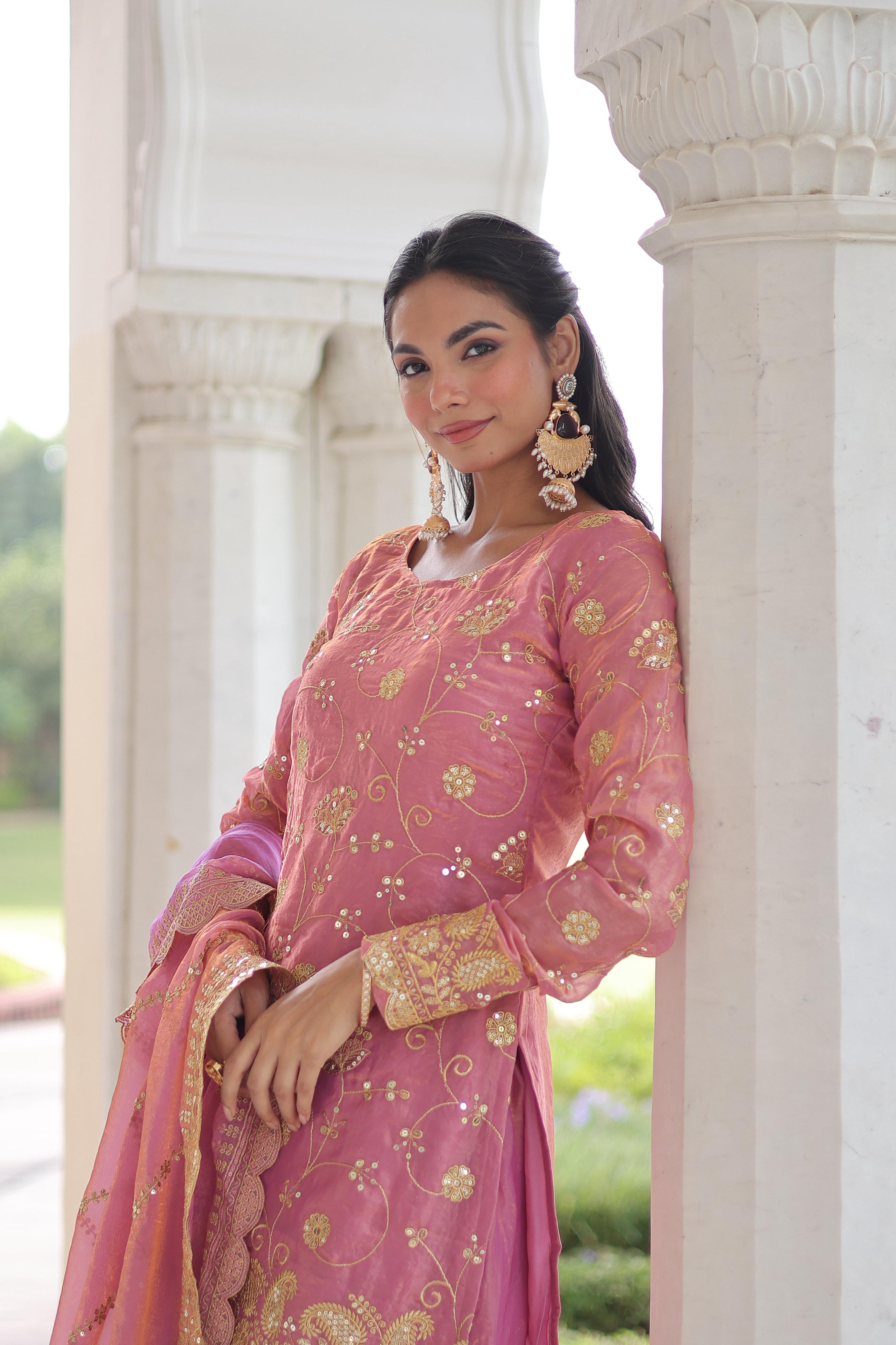 Vedant Vastram Russian Silk Embroidery & Sequence Work Stitched Ethnic Sharara Set-Pink