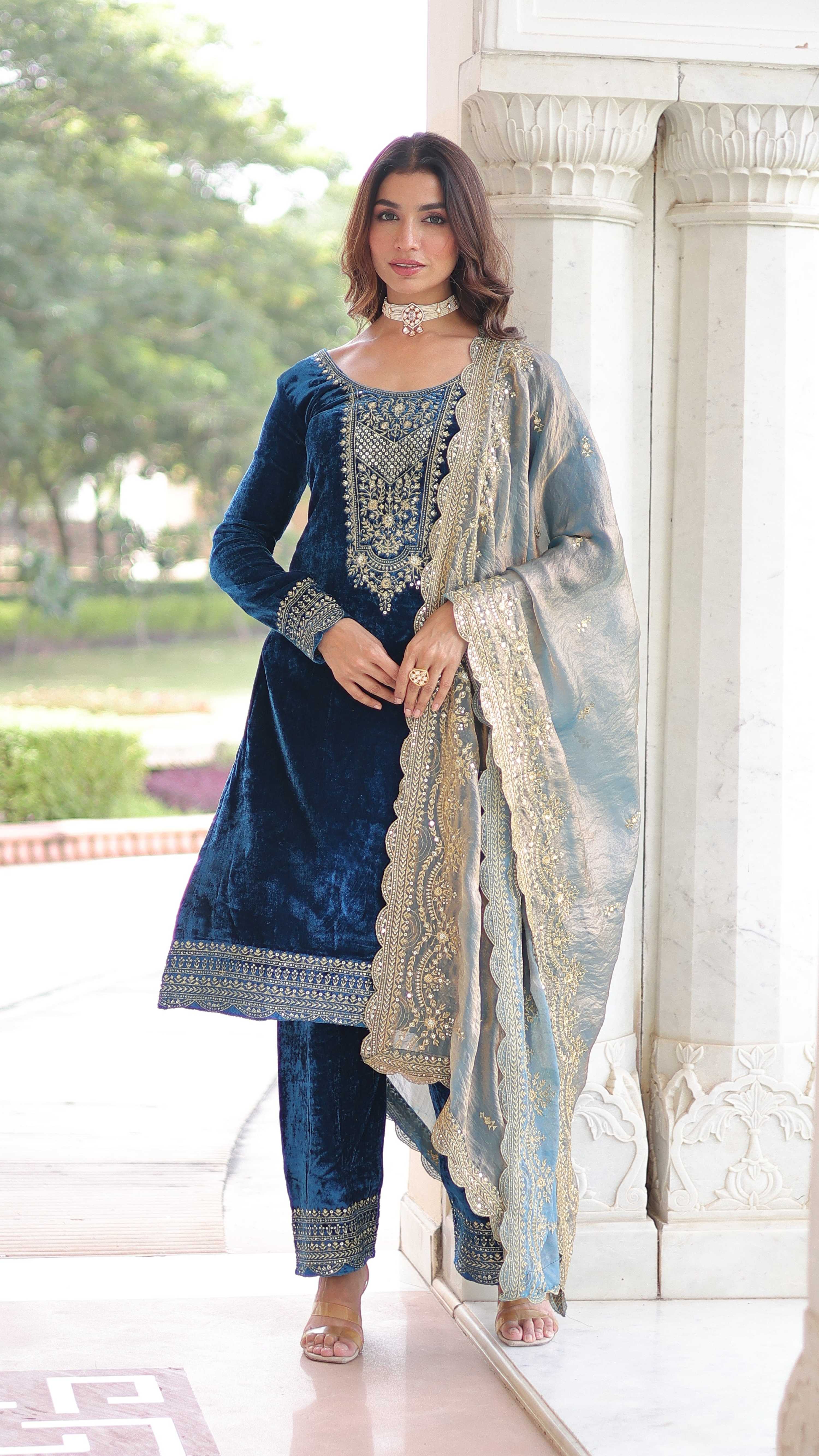 Vedant Vastram Heavy Velvet Embroidery & Sequence Work Stitched Salwar Suit Set-Blue