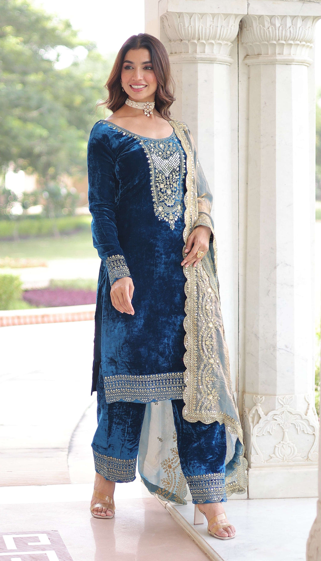Vedant Vastram Heavy Velvet Embroidery & Sequence Work Stitched Salwar Suit Set-Blue