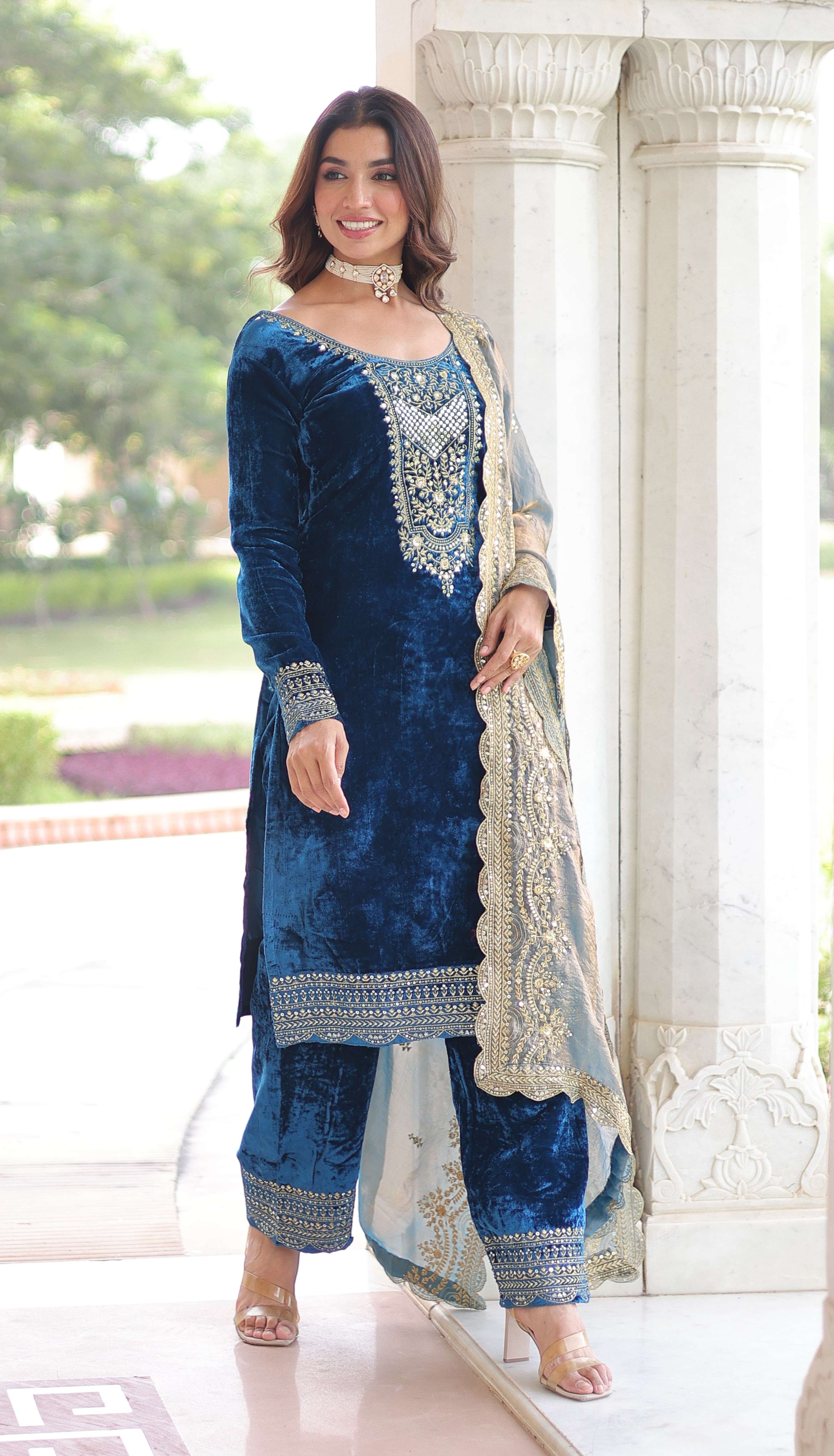 Vedant Vastram Heavy Velvet Embroidery & Sequence Work Stitched Salwar Suit Set-Blue