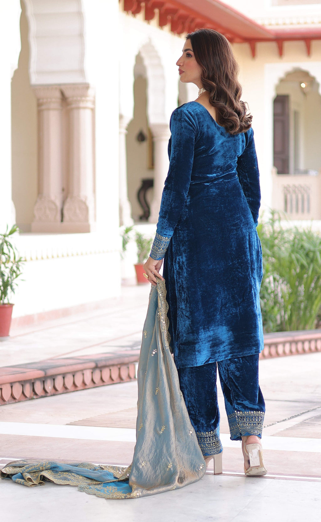Vedant Vastram Heavy Velvet Embroidery & Sequence Work Stitched Salwar Suit Set-Blue