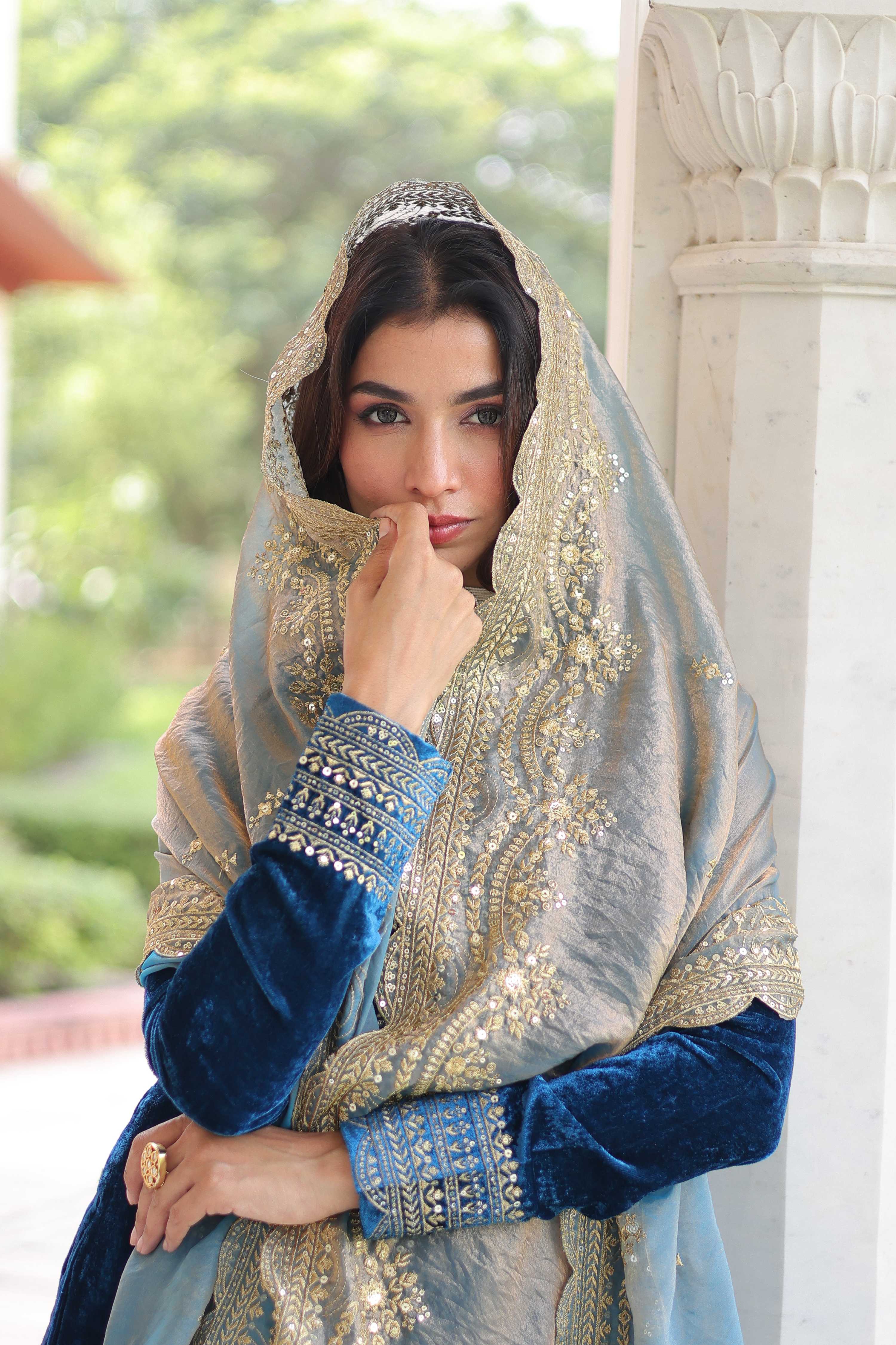 Vedant Vastram Heavy Velvet Embroidery & Sequence Work Stitched Salwar Suit Set-Blue