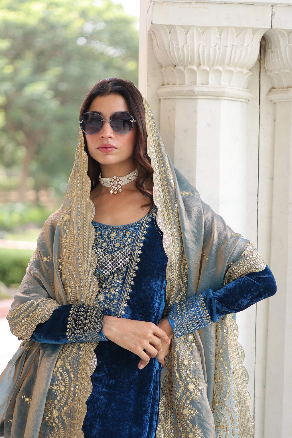 Vedant Vastram Heavy Velvet Embroidery & Sequence Work Stitched Salwar Suit Set-Blue