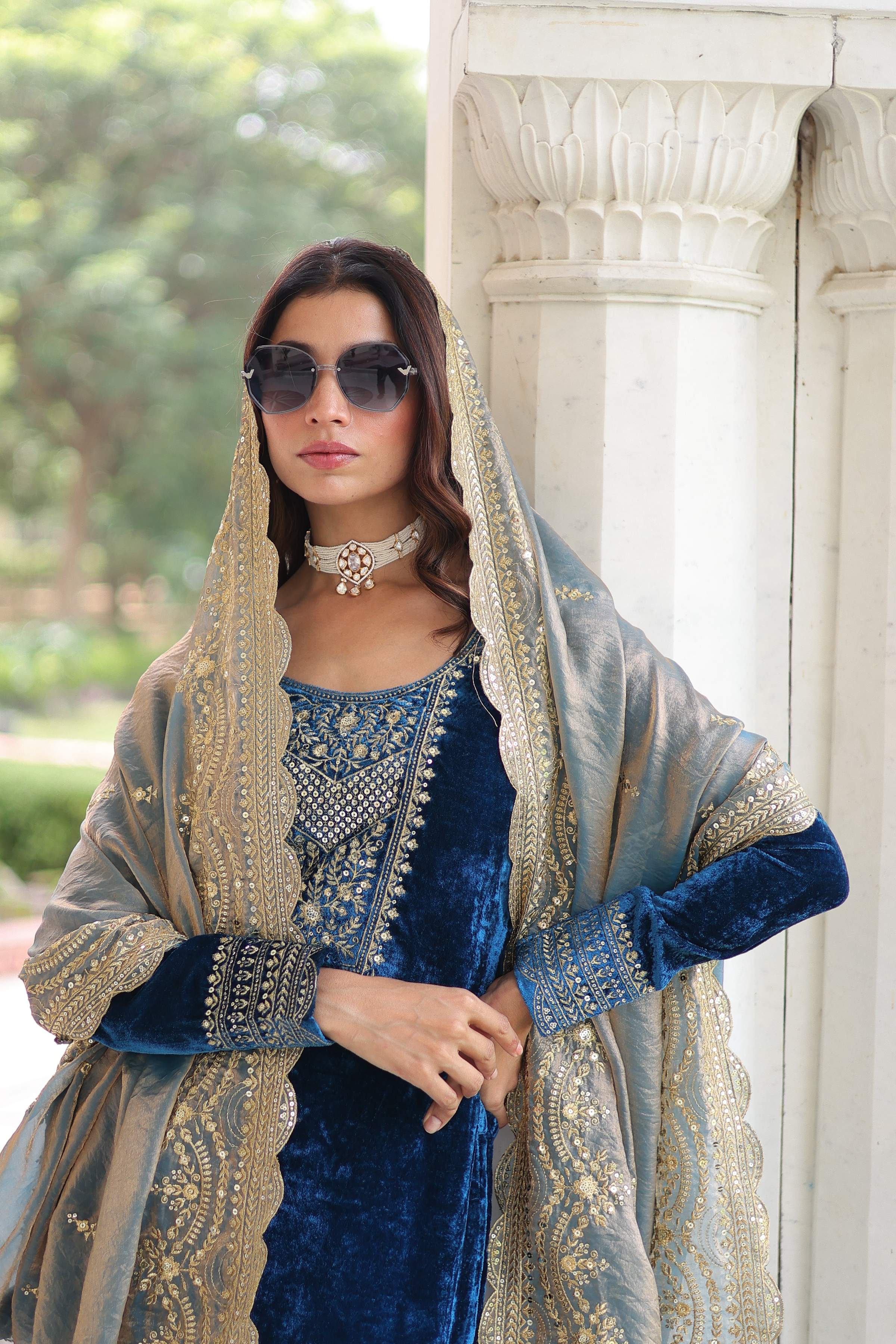 Vedant Vastram Heavy Velvet Embroidery & Sequence Work Stitched Salwar Suit Set-Blue