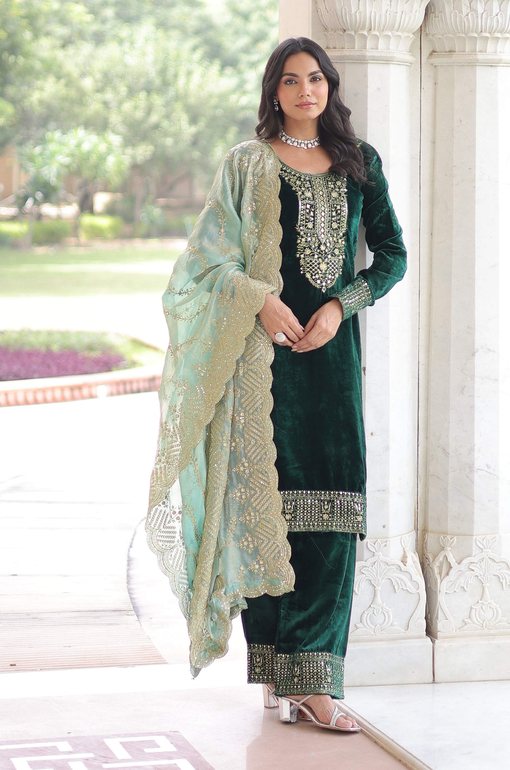 Vedant Vastram Heavy Velvet Embroidery & Sequence Work Stitched Salwar Suit Set-Green