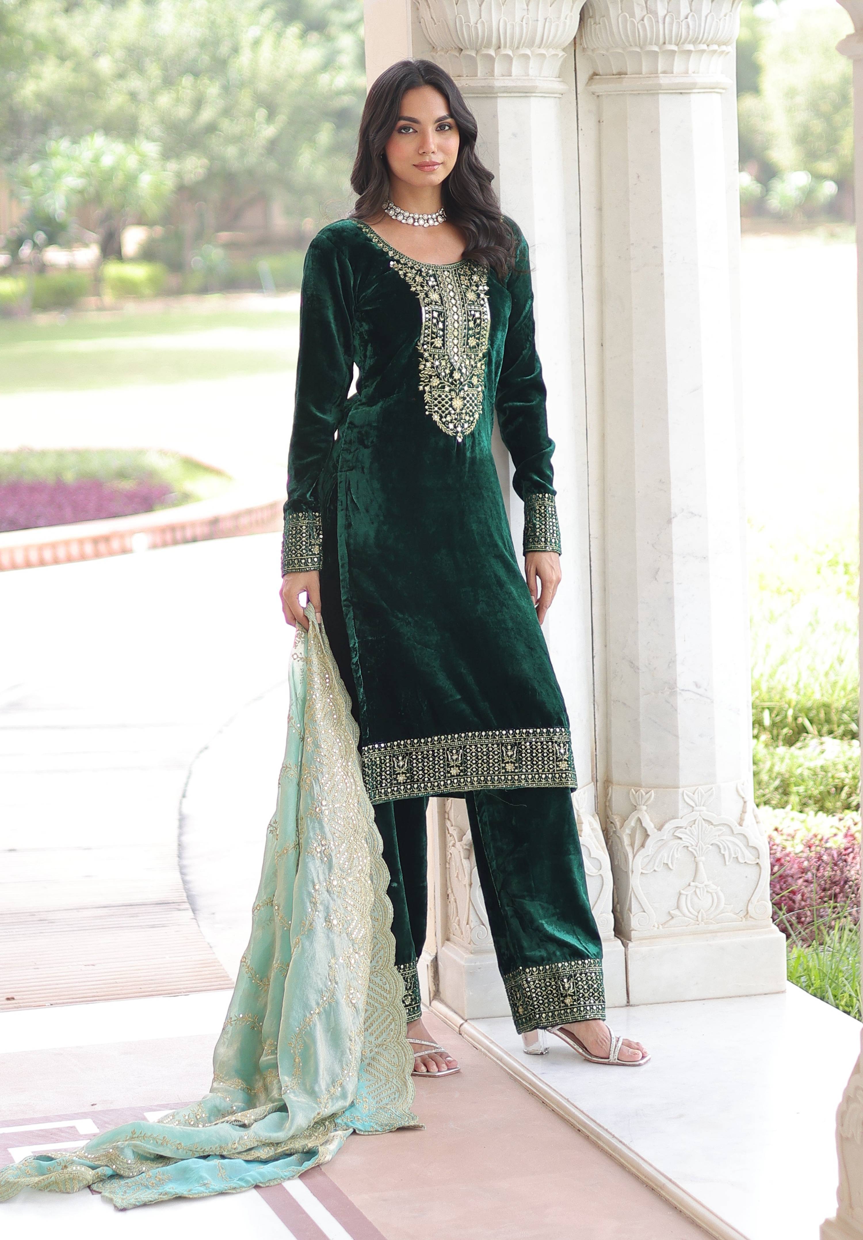 Vedant Vastram Heavy Velvet Embroidery & Sequence Work Stitched Salwar Suit Set-Green