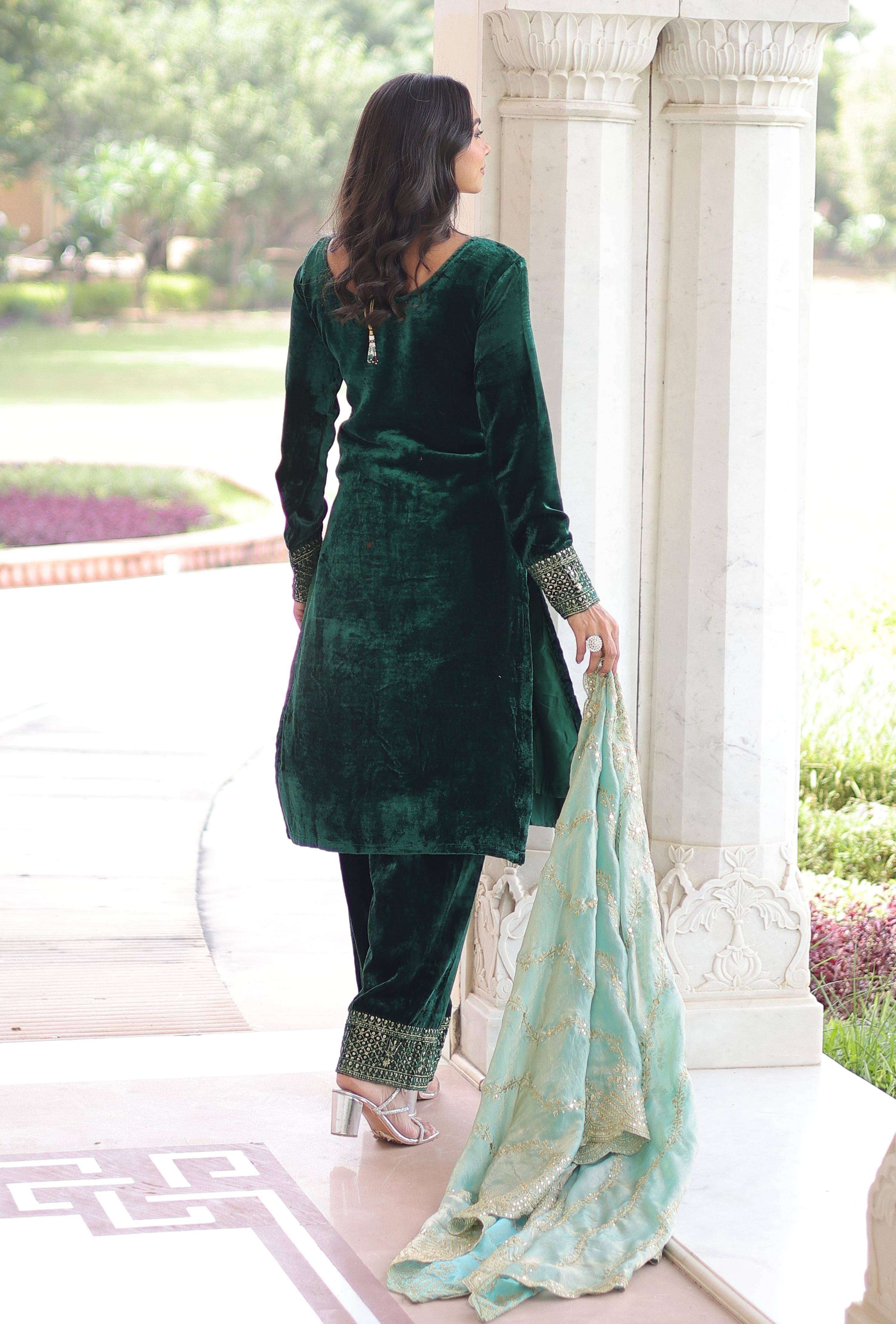 Vedant Vastram Heavy Velvet Embroidery & Sequence Work Stitched Salwar Suit Set-Green