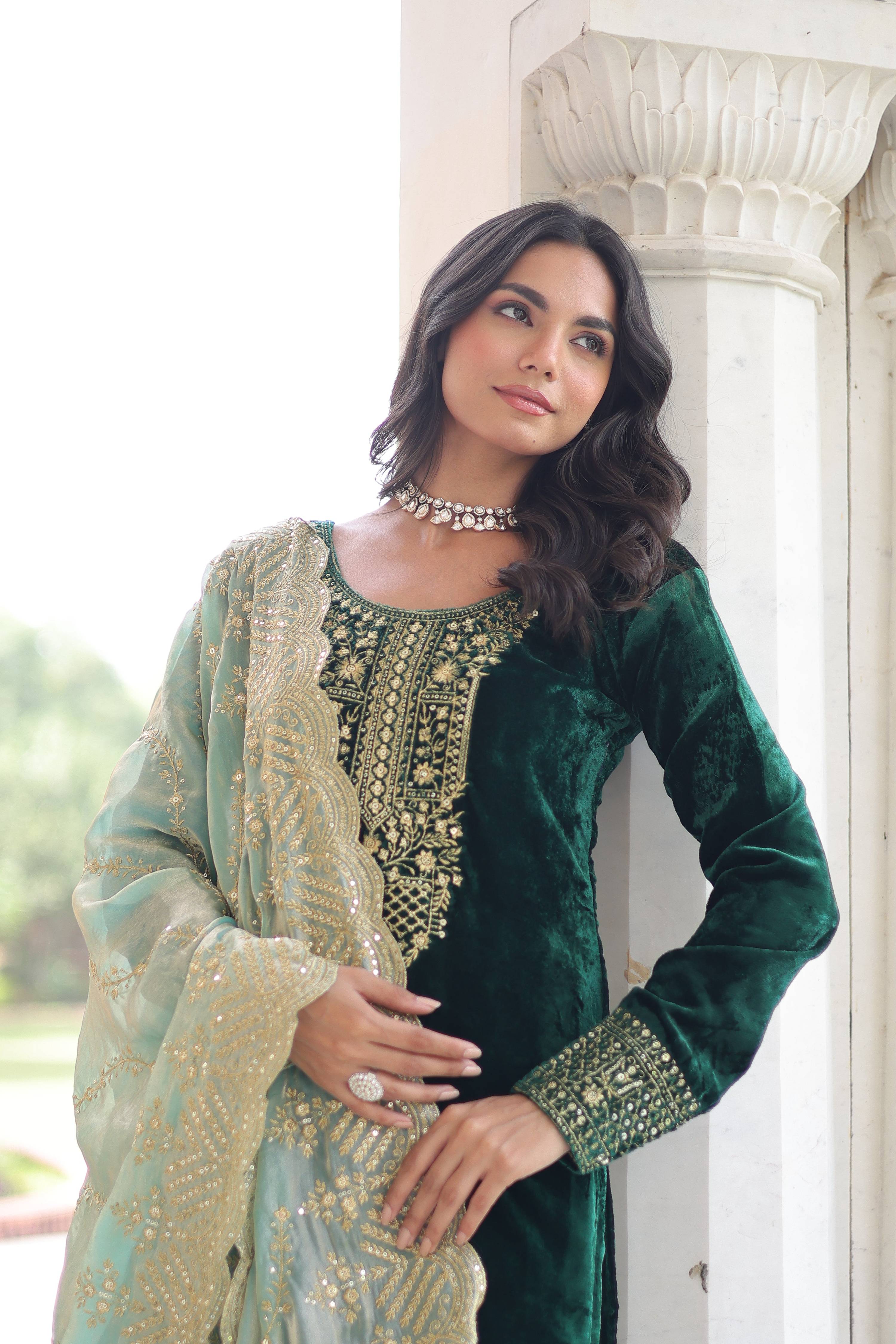 Vedant Vastram Heavy Velvet Embroidery & Sequence Work Stitched Salwar Suit Set-Green