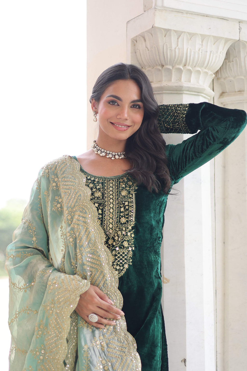 Vedant Vastram Heavy Velvet Embroidery & Sequence Work Stitched Salwar Suit Set-Green