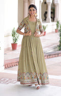 Vedant Vastram Vichitra Silk Embroidery & Sequence Work Stitched Ethnic Gown-Pista