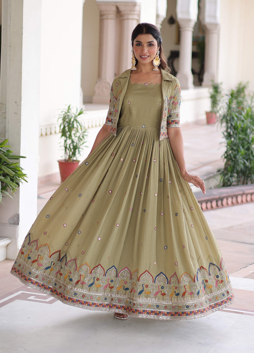 Vedant Vastram Vichitra Silk Embroidery & Sequence Work Stitched Ethnic Gown-Pista