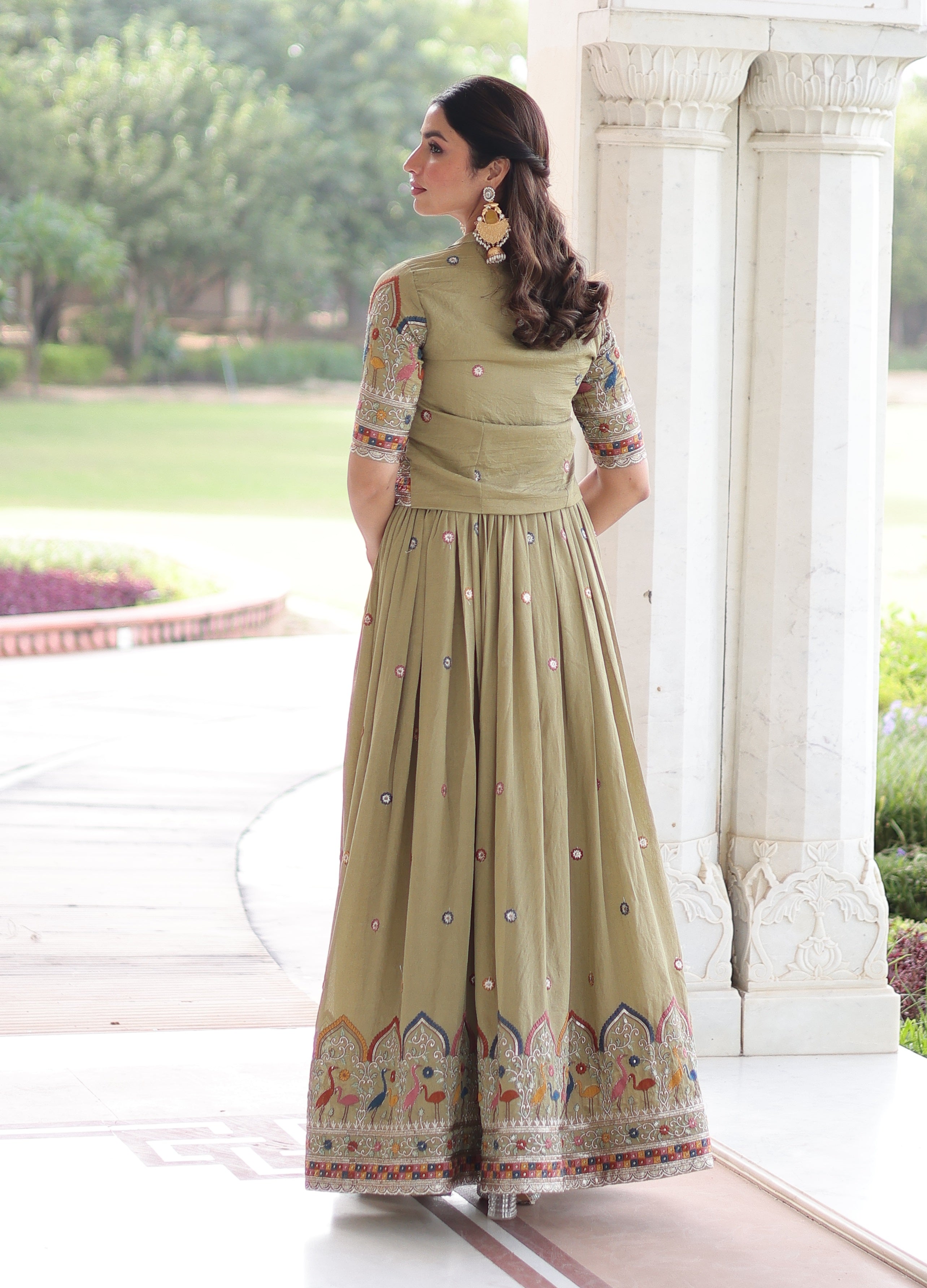 Vedant Vastram Vichitra Silk Embroidery & Sequence Work Stitched Ethnic Gown-Pista