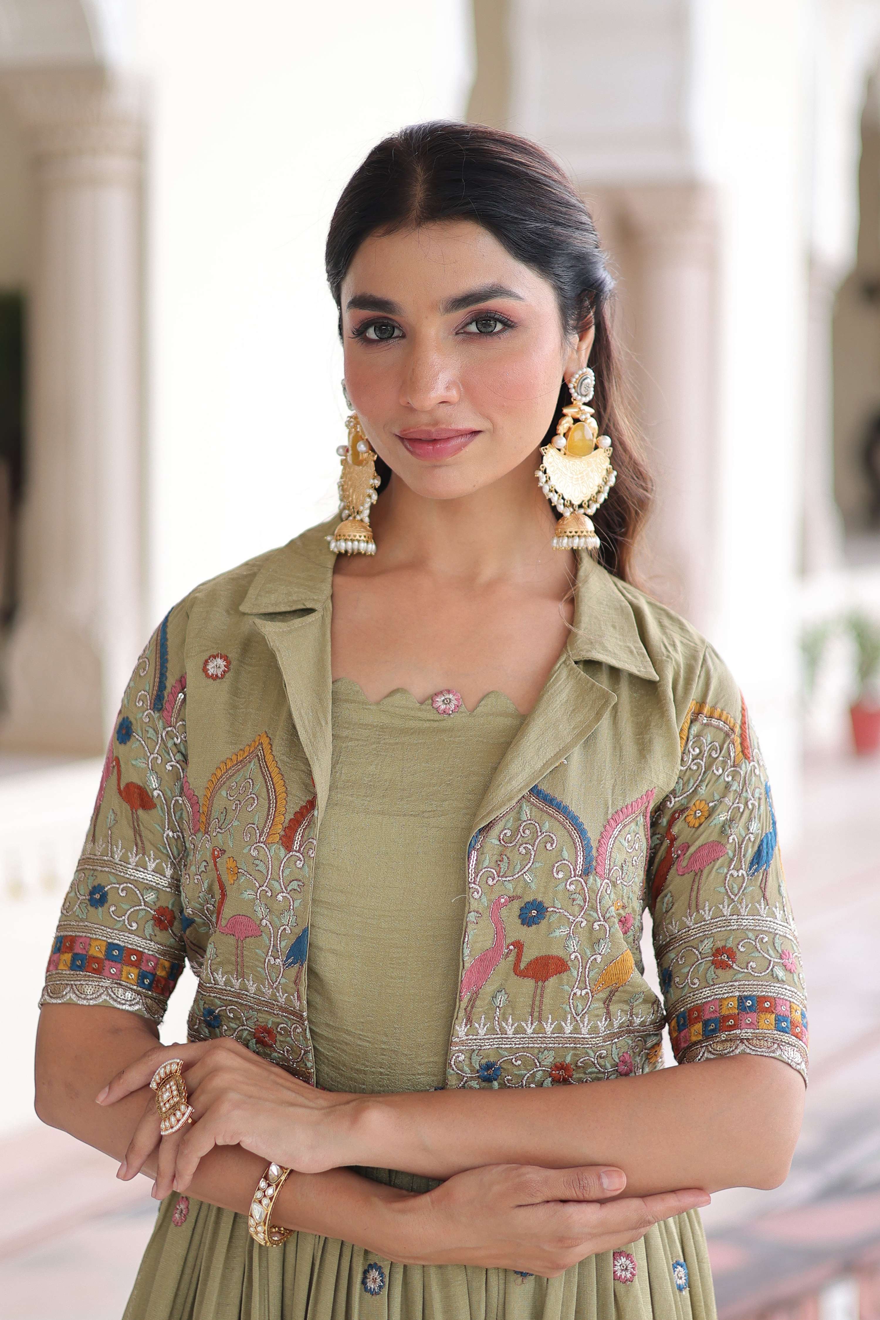 Vedant Vastram Vichitra Silk Embroidery & Sequence Work Stitched Ethnic Gown-Pista