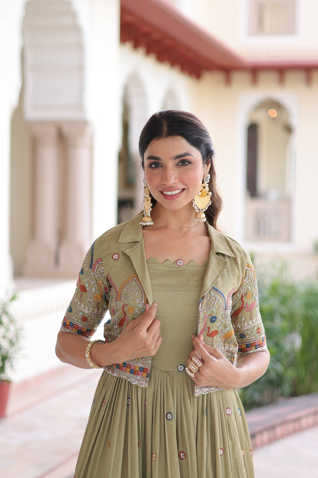 Vedant Vastram Vichitra Silk Embroidery & Sequence Work Stitched Ethnic Gown-Pista