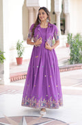 Vedant Vastram Vichitra Silk Embroidery & Sequence Work Stitched Ethnic Gown-Purple