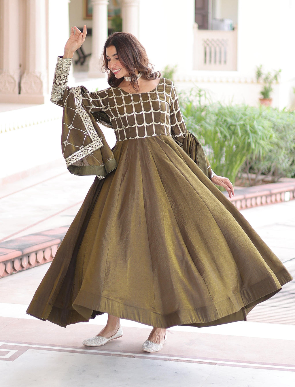 Vedant Vastram Vichitra Silk Embroidery & Sequence Work Stitched Ethnic Gown-Mahendi