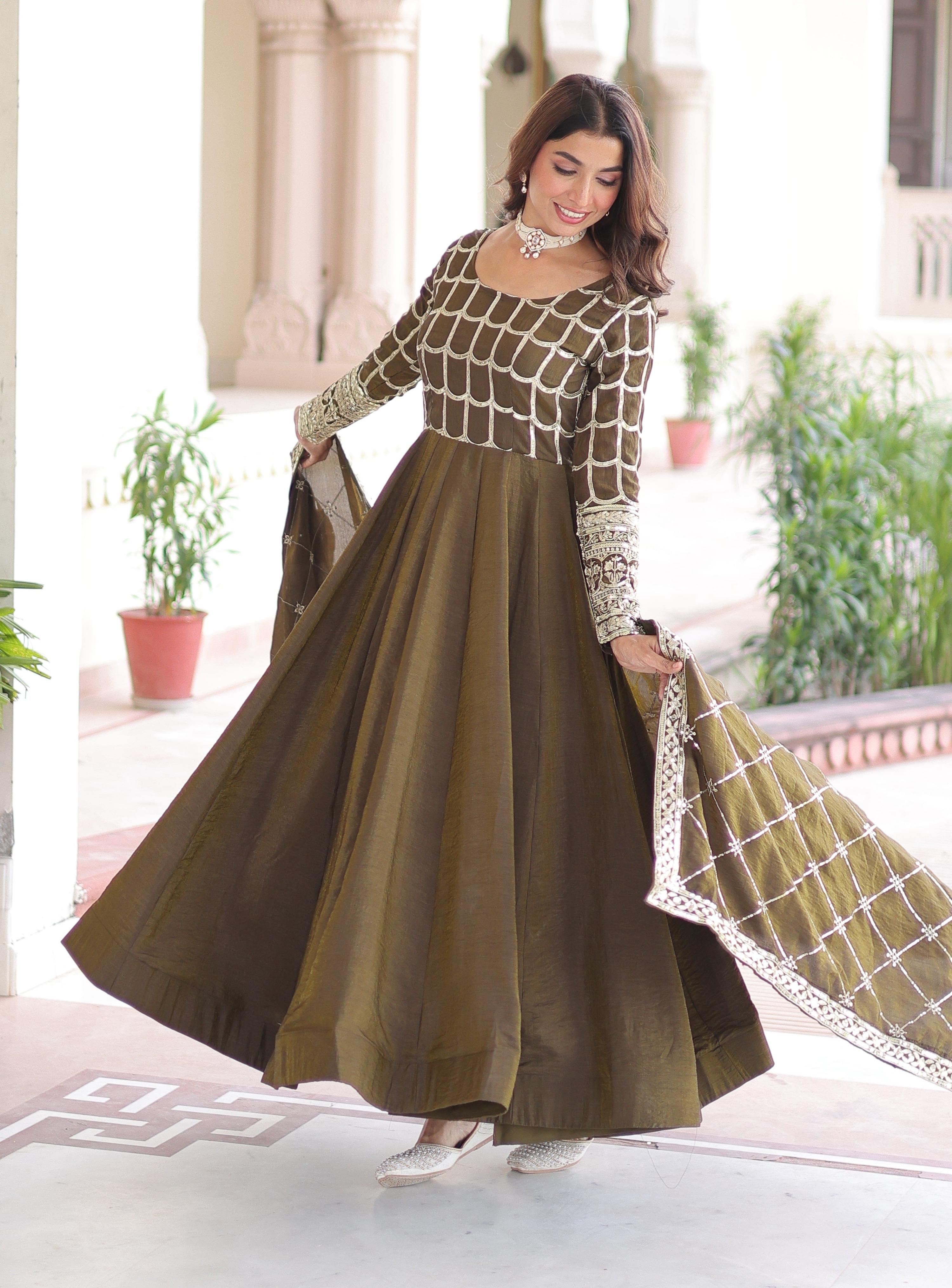 Vedant Vastram Vichitra Silk Embroidery & Sequence Work Stitched Ethnic Gown-Mahendi