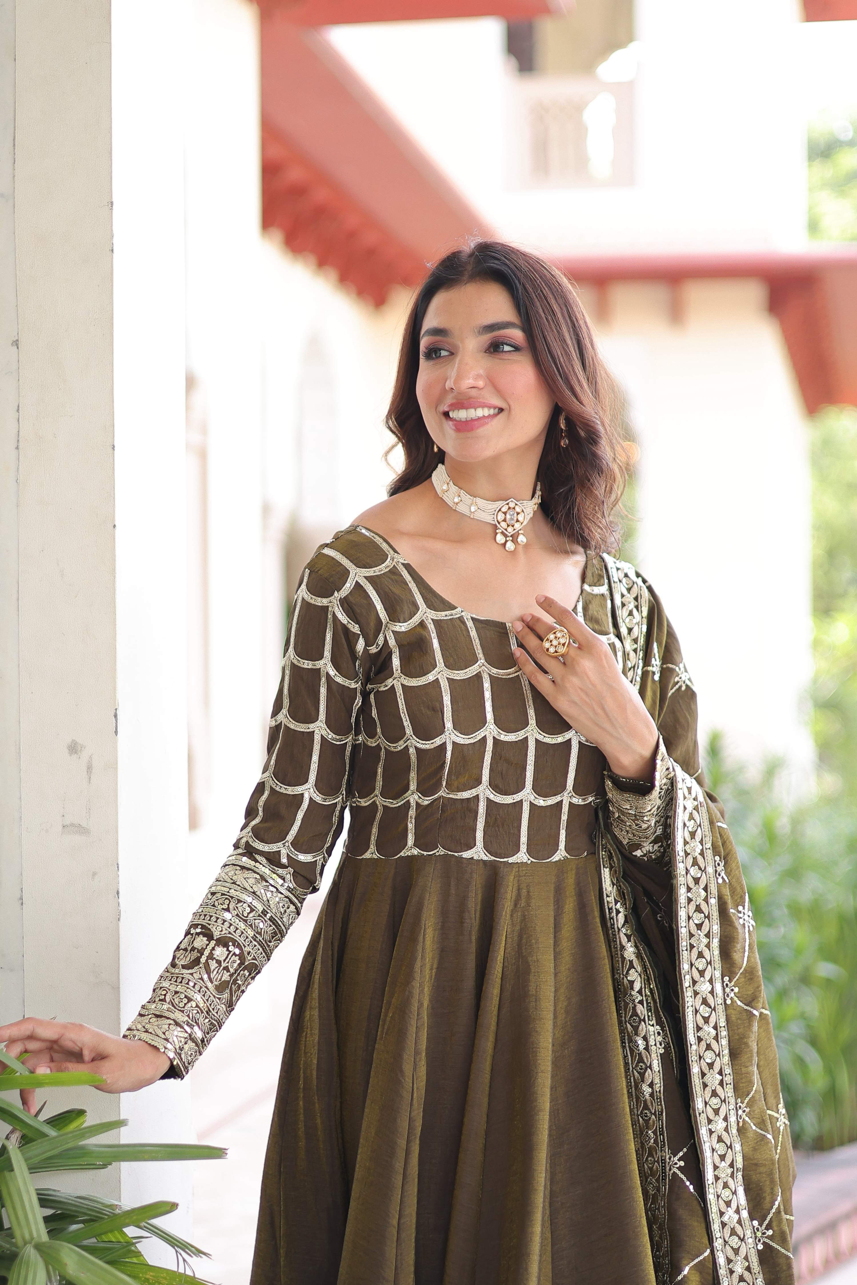 Vedant Vastram Vichitra Silk Embroidery & Sequence Work Stitched Ethnic Gown-Mahendi