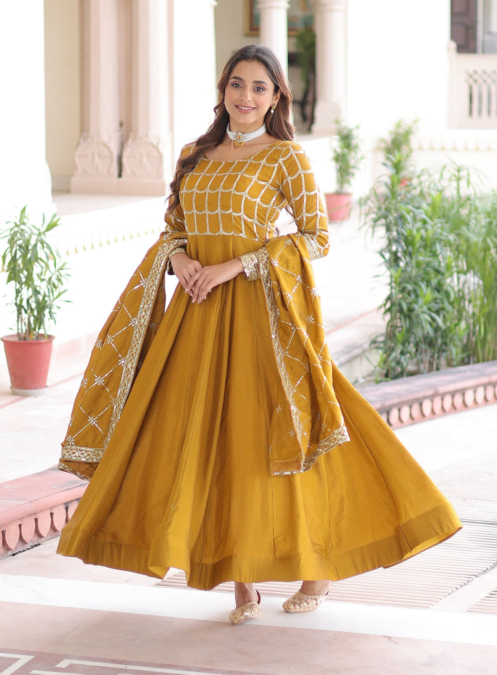 Vedant Vastram Vichitra Silk Embroidery & Sequence Work Stitched Ethnic Gown-Yellow
