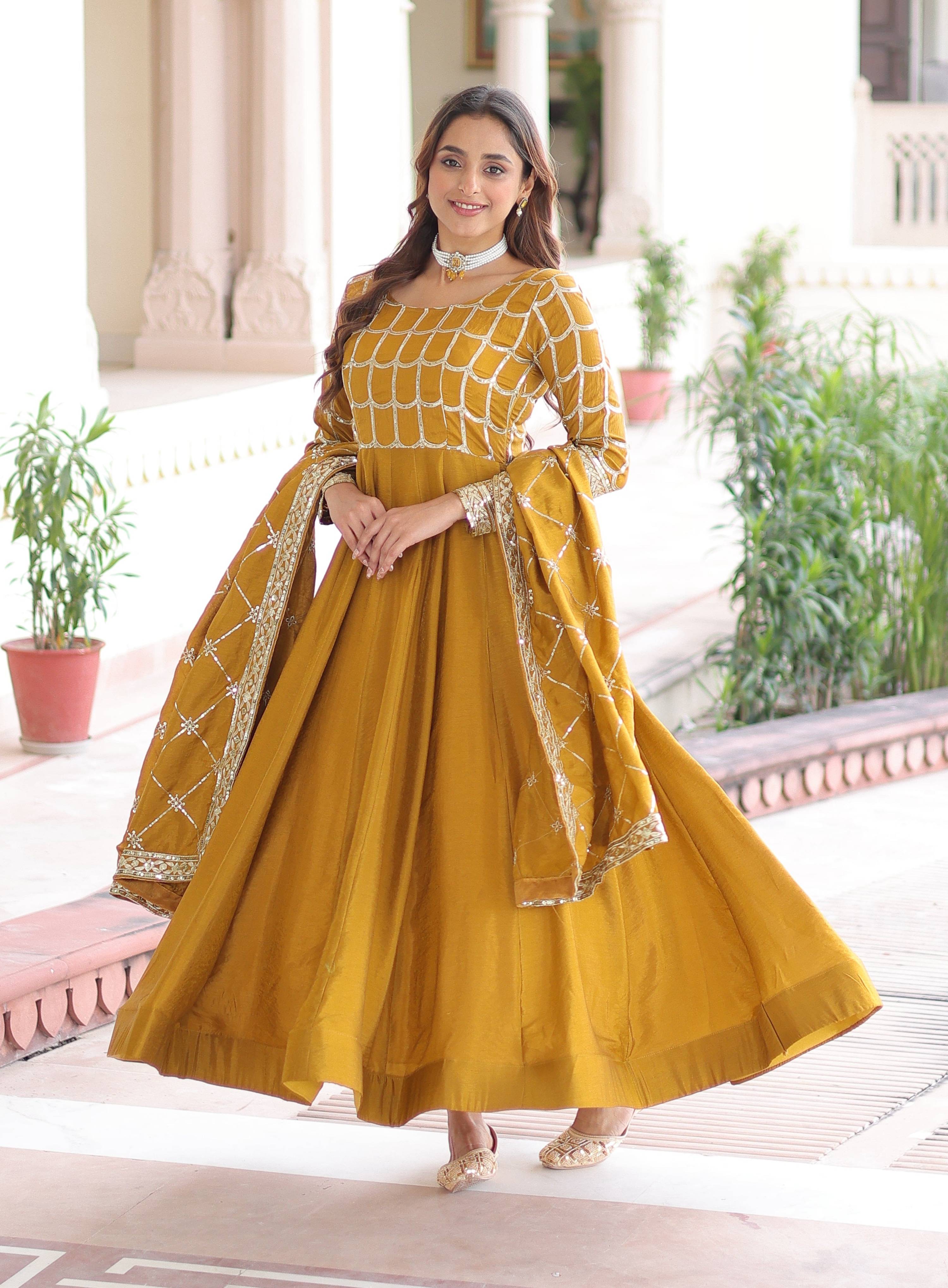 Vedant Vastram Vichitra Silk Embroidery & Sequence Work Stitched Ethnic Gown-Yellow