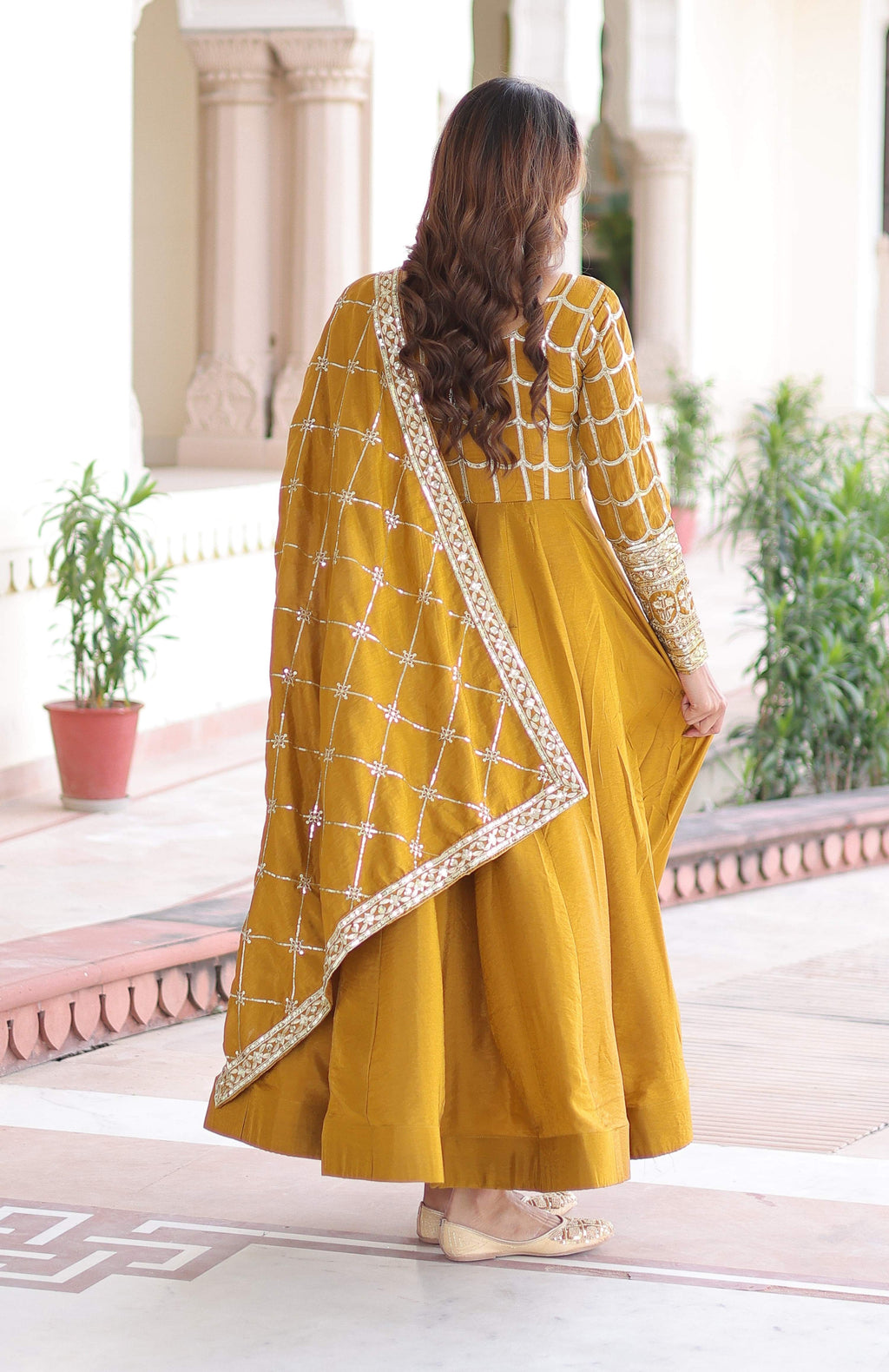Vedant Vastram Vichitra Silk Embroidery & Sequence Work Stitched Ethnic Gown-Yellow
