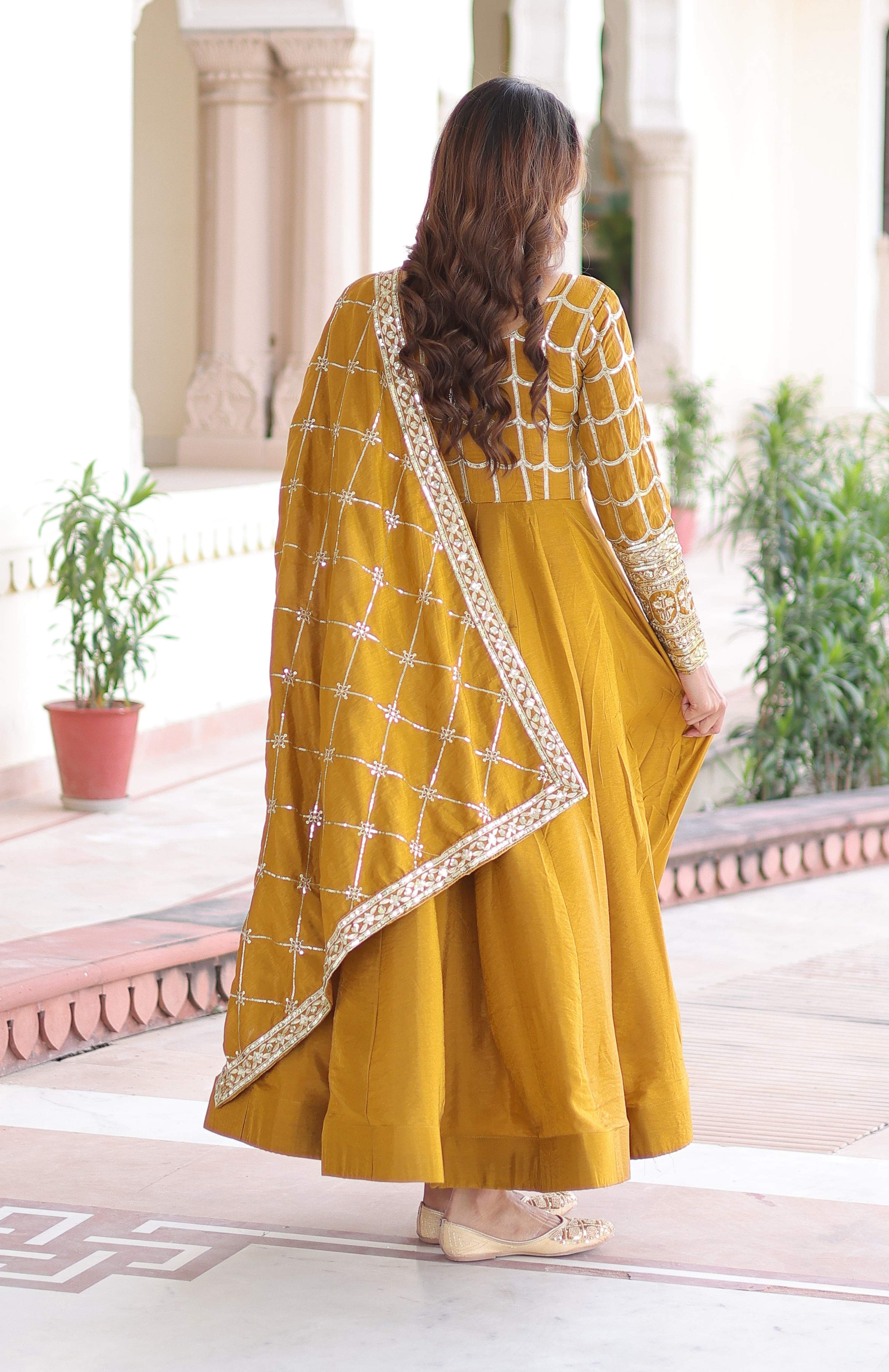 Vedant Vastram Vichitra Silk Embroidery & Sequence Work Stitched Ethnic Gown-Yellow