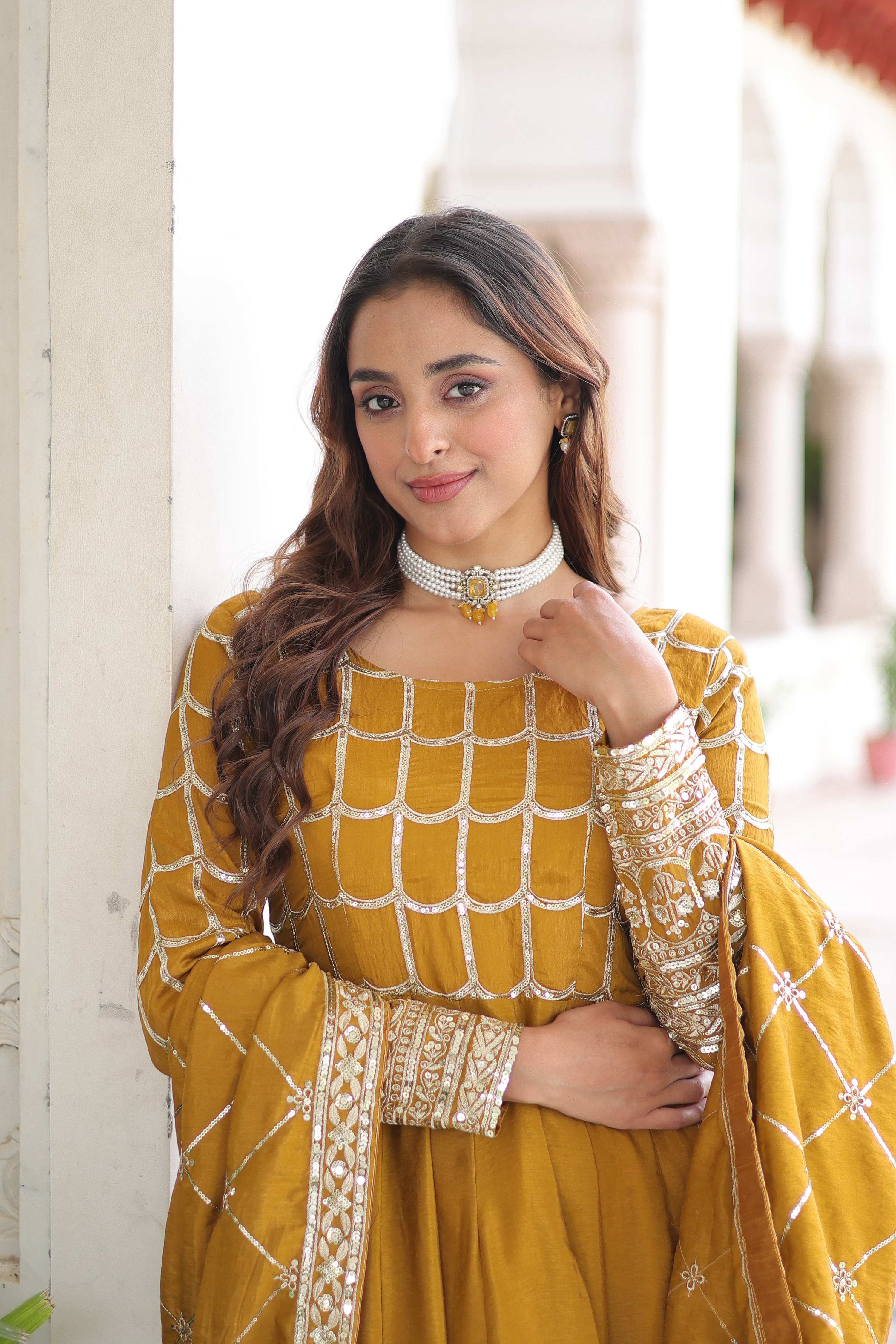 Vedant Vastram Vichitra Silk Embroidery & Sequence Work Stitched Ethnic Gown-Yellow