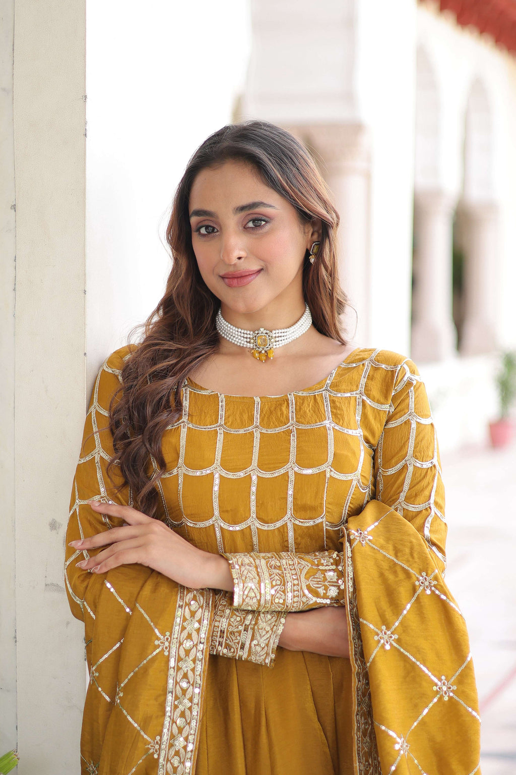 Vedant Vastram Vichitra Silk Embroidery & Sequence Work Stitched Ethnic Gown-Yellow