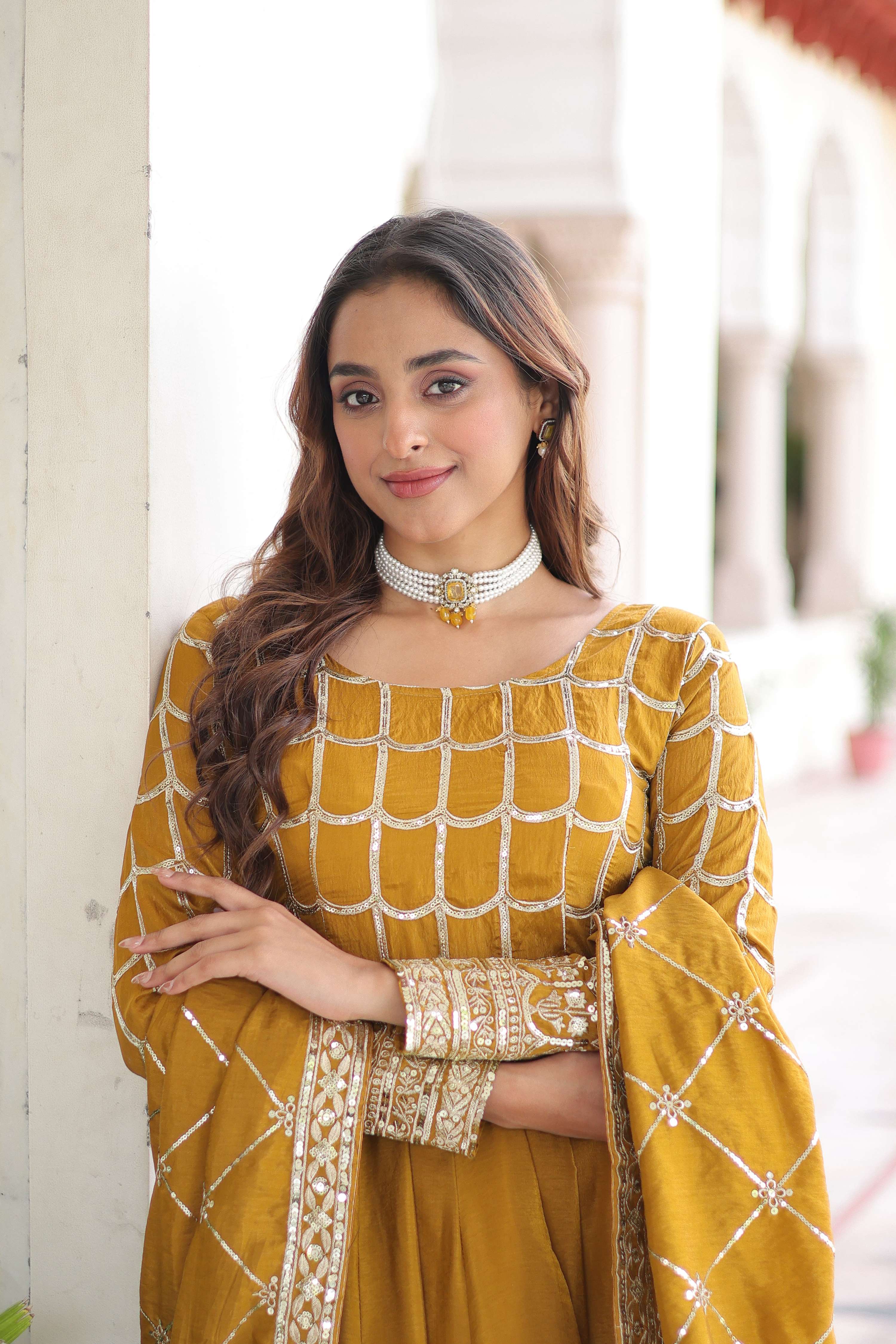 Vedant Vastram Vichitra Silk Embroidery & Sequence Work Stitched Ethnic Gown-Yellow