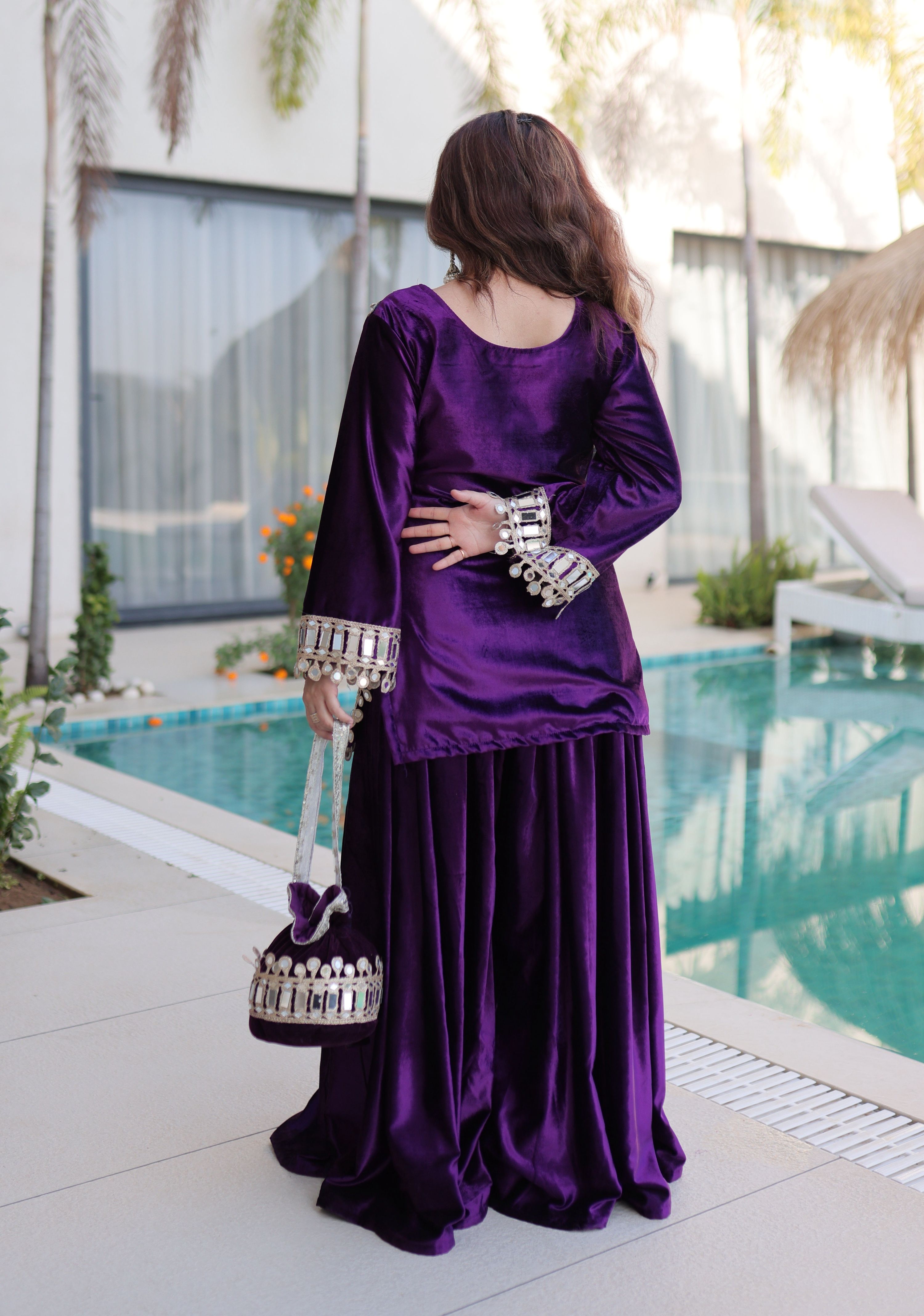 Vedant Vastram Heavy Velvet Embroidery & Mirror Work Stitched Ethnic Palazzo Set-Purple